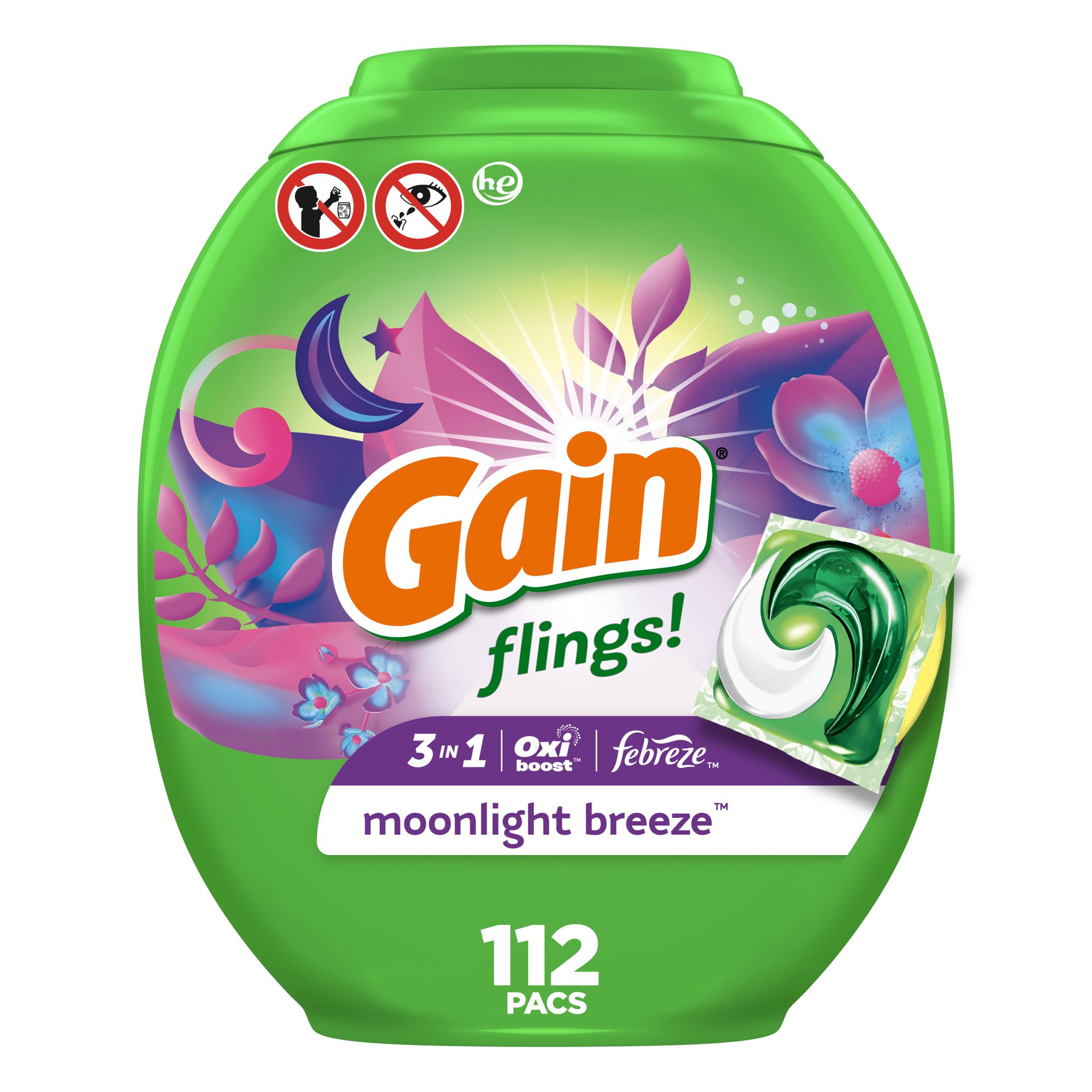 Gain Flings Laundry Detergents Pod. Moonlight Breeze. 112 Ct