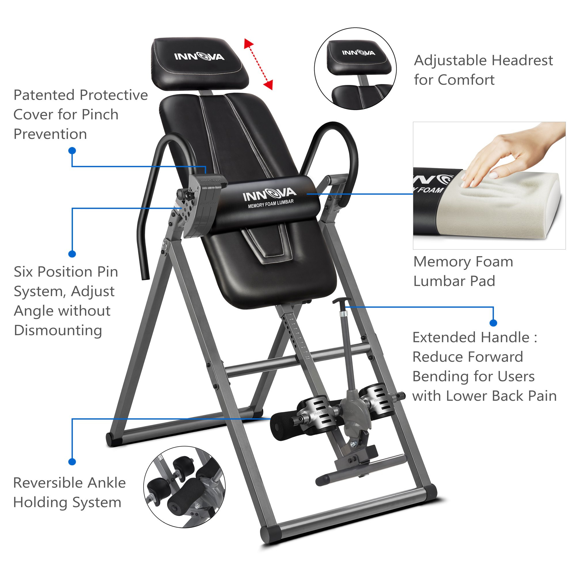 Innova ITX9700 Inversion Table with Memory Foam Lumbar Pad. Black