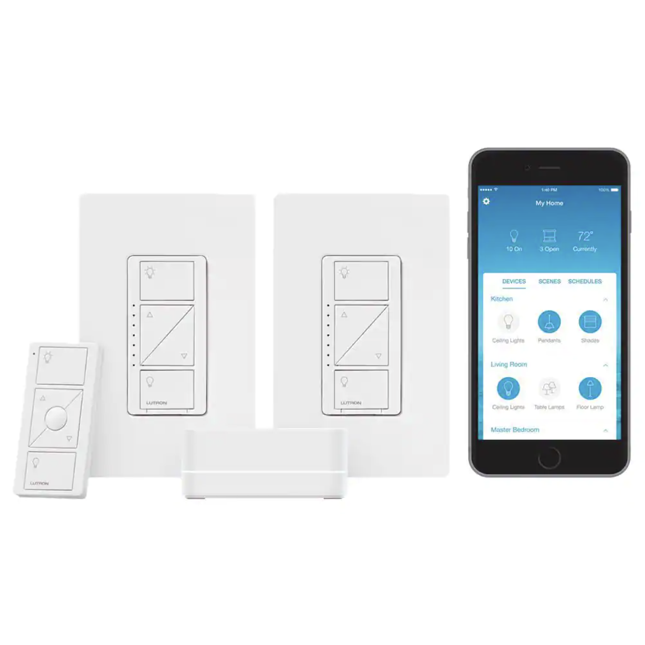 Lutron Caseta Wireless Smart Lighting Starter Kit with Smart Bridge. Pico Remote. and 2-Dimmer Switches. White