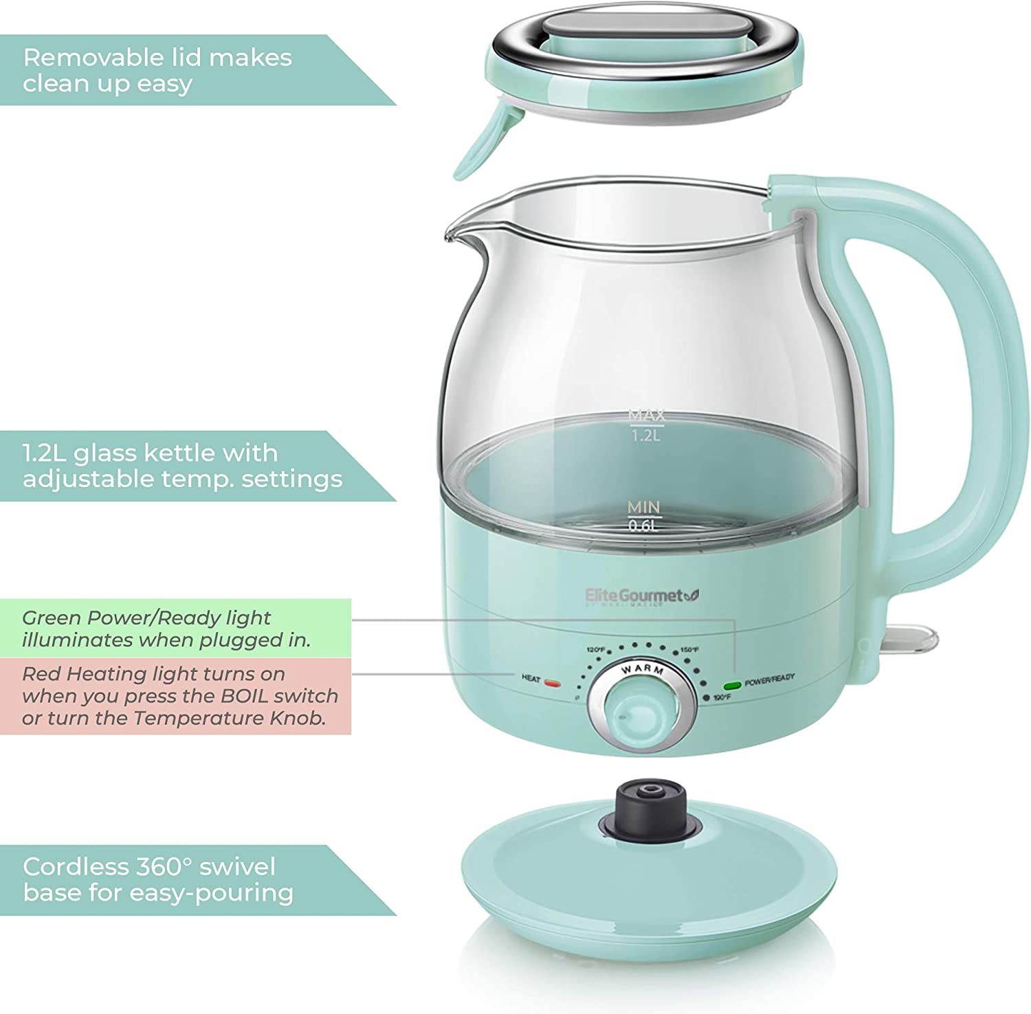 Elite Gourmet 1.2L Adjustable Temperature Electric Glass Kettle. Mint