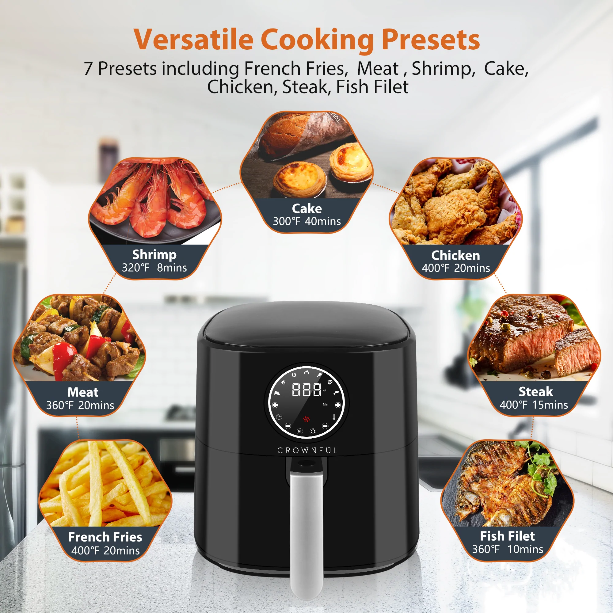 Crownful 5-Quart Air Fryer. Electric Hot Oven Oilless Cooker with LCD Digital Touch Screen. Black