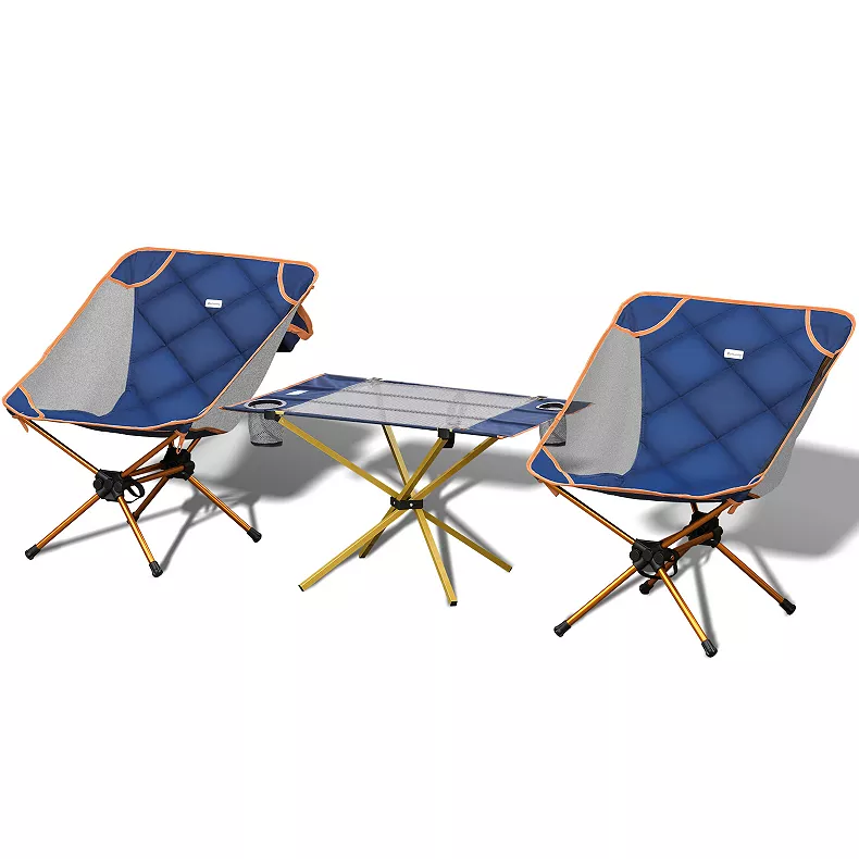 Outsunny Aluminum Camping Padded Chairs Set With Lightweight Folding Table & 2 Cup Holders