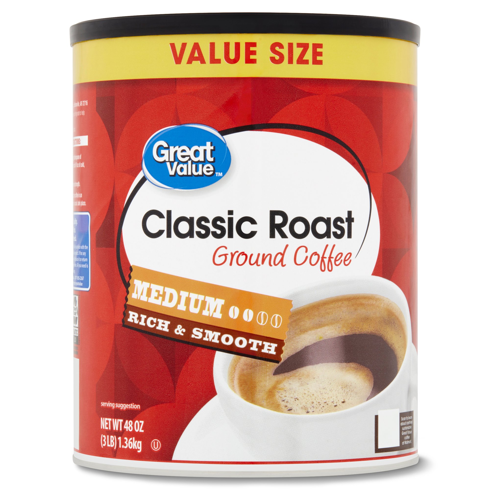 Great Value 4-pack Classic Roast Medium Ground Coffee. Value Size. 48 oz