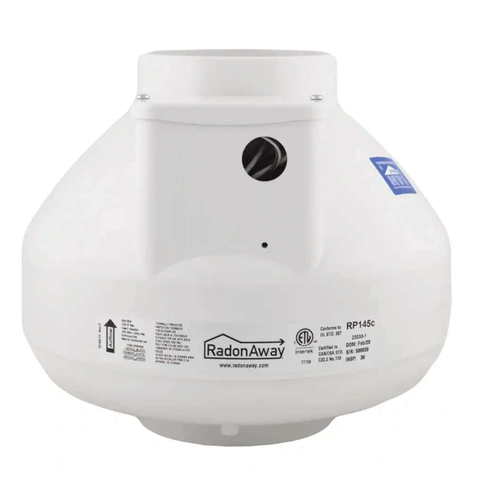 RadonAway RP145C 4 in. Inlet and Outlet Inline Radon Fan in White with 1.7 in. Maximum Operating Pressure