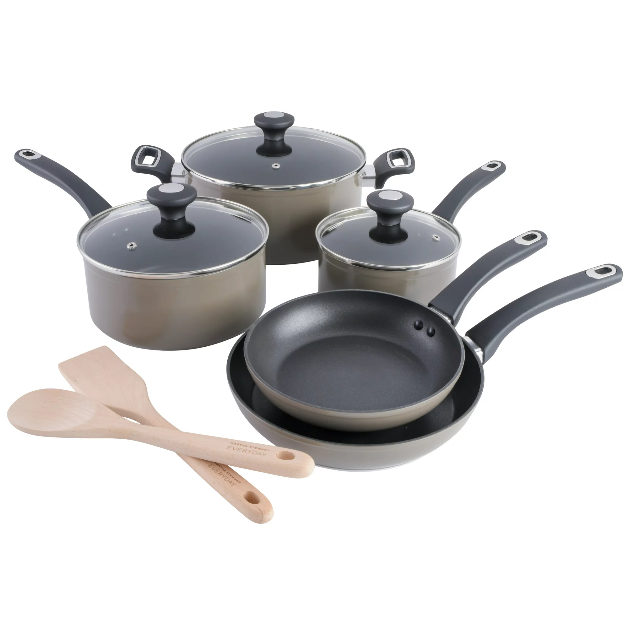Martha Stewart Everyday Hearne 10-Piece Enamel Aluminum Cookware Set. Warm Grey