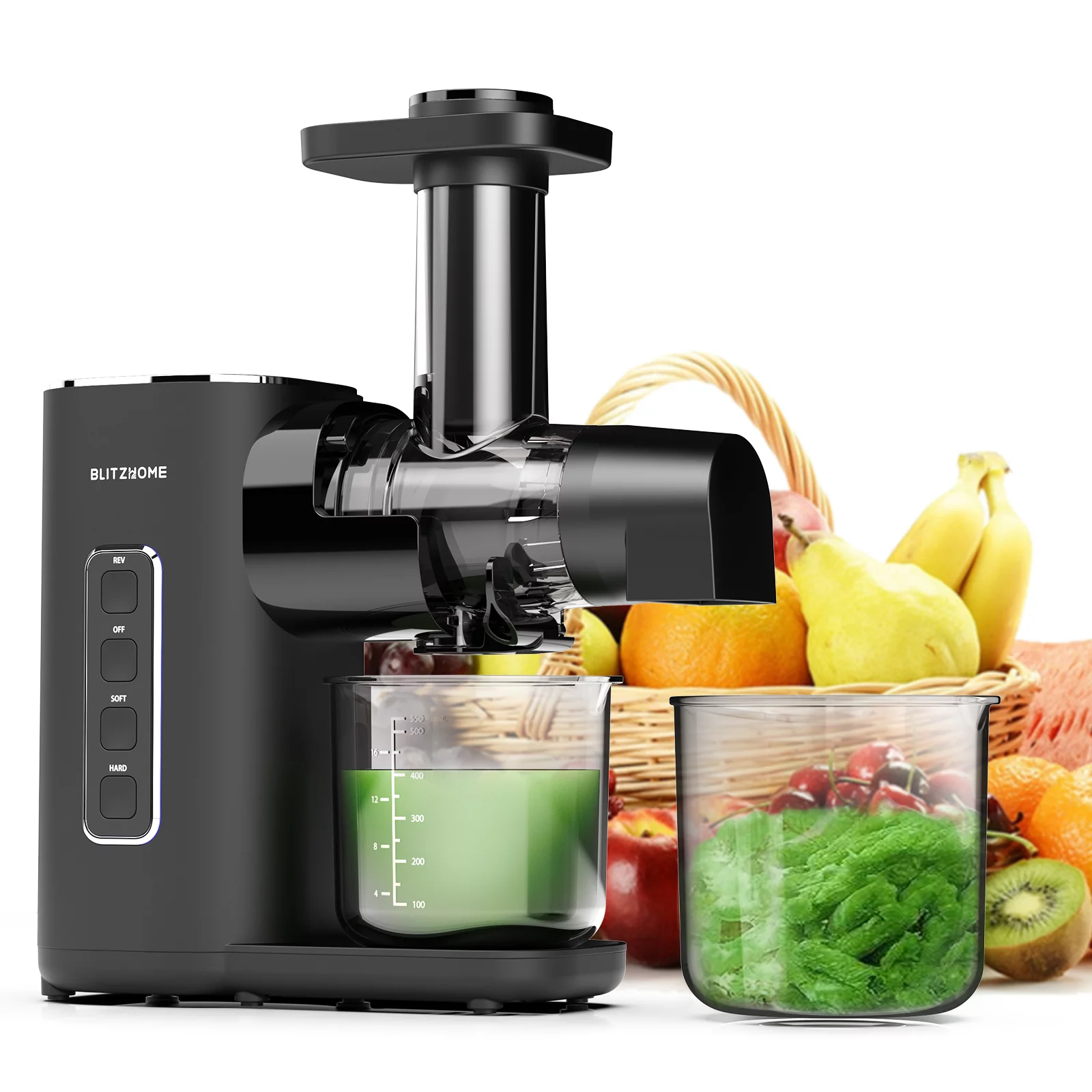 BlitzHome Slow Juicer Masticating Juice Maker Extractor with 2 Speed. Reverse Function. Mesh-Free. Anti-Drip