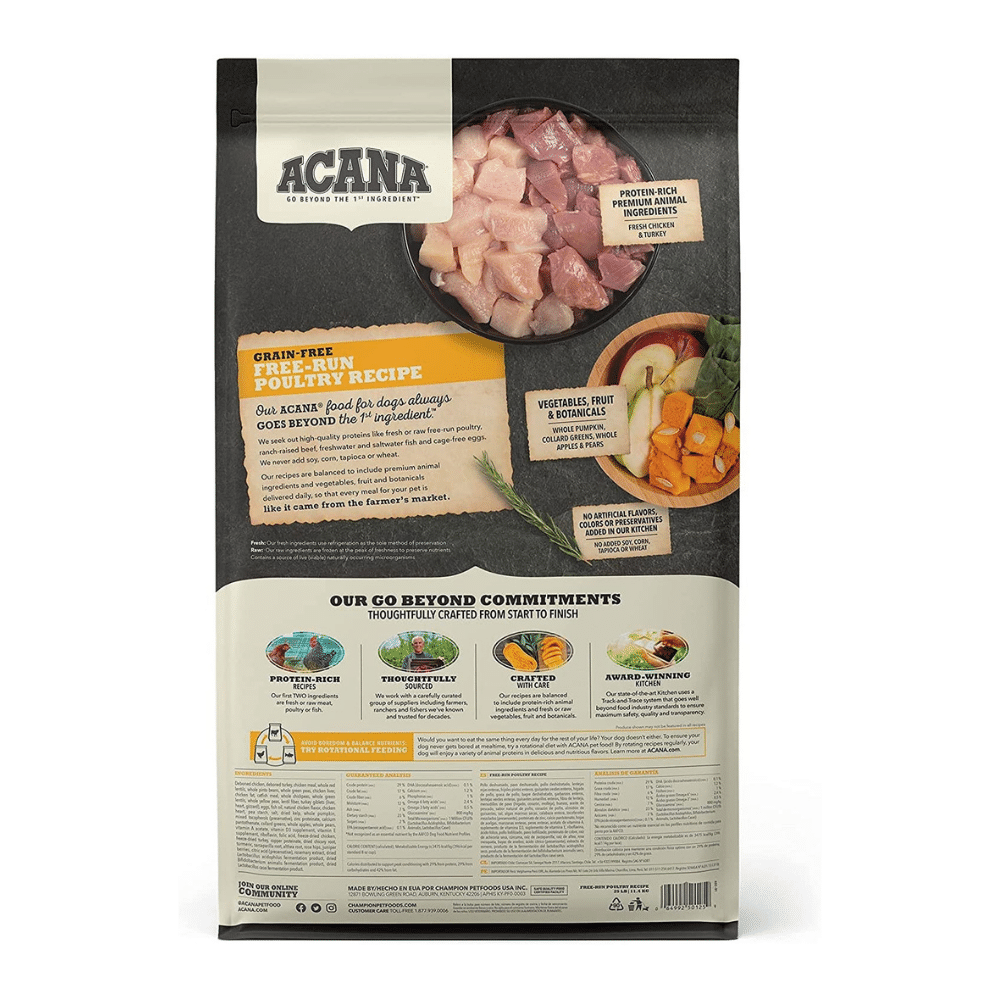 Acana Grain Free Dog Food. Free Run Poultry. Chicken. Turkey. Cage-Free Eggs. 25 Pounds