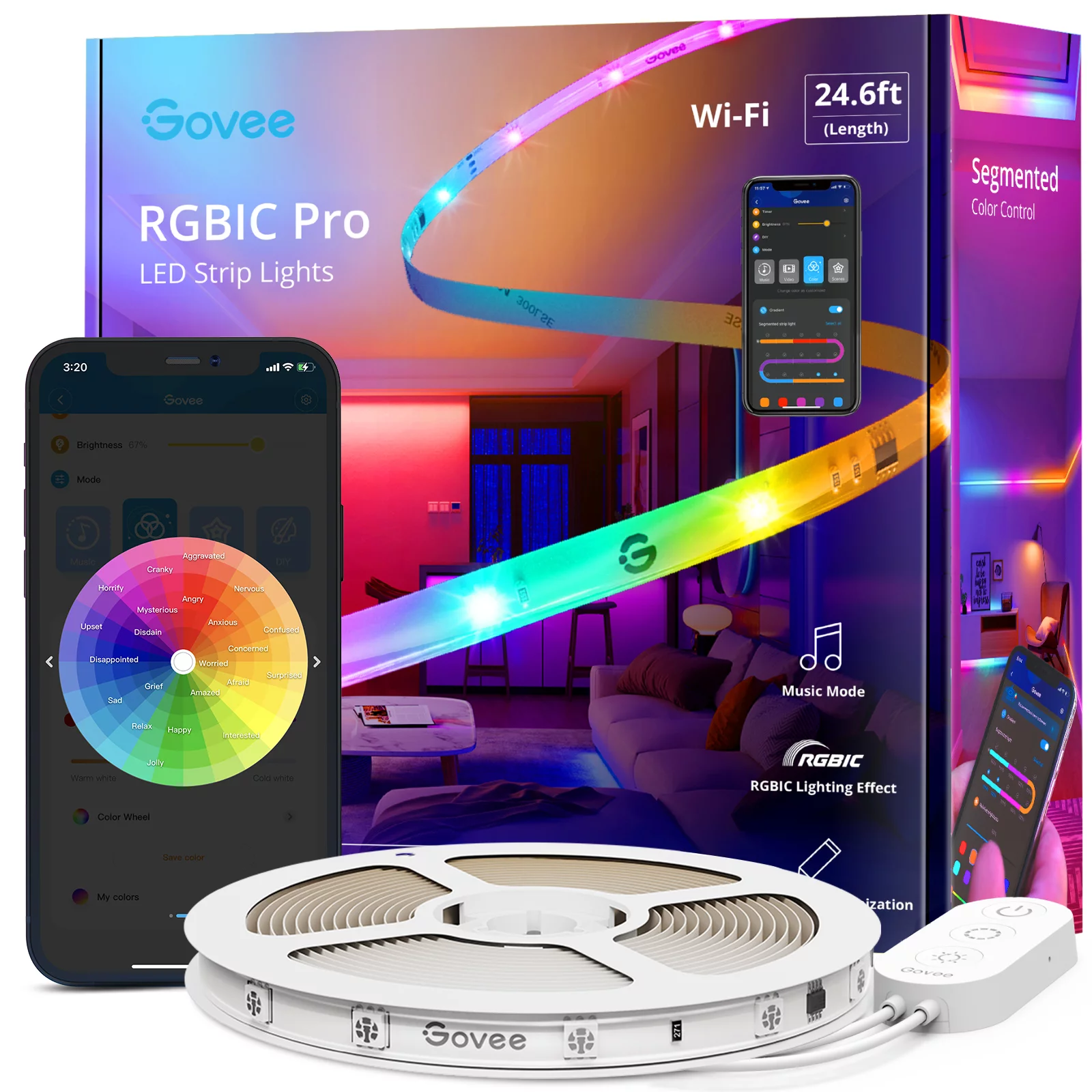 Govee 24.6ft Wi-Fi RGBIC LED Strip Light. 16 Million Light Color. 24W with Silicone Coating