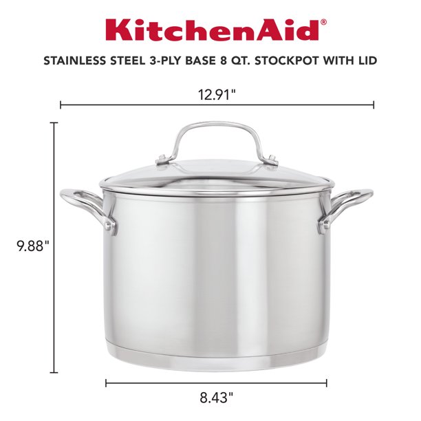 KitchenAid 3-Ply Base Stainless Steel Induction Stockpot with Lid. 8 Quart. Brushed Stainless Steel