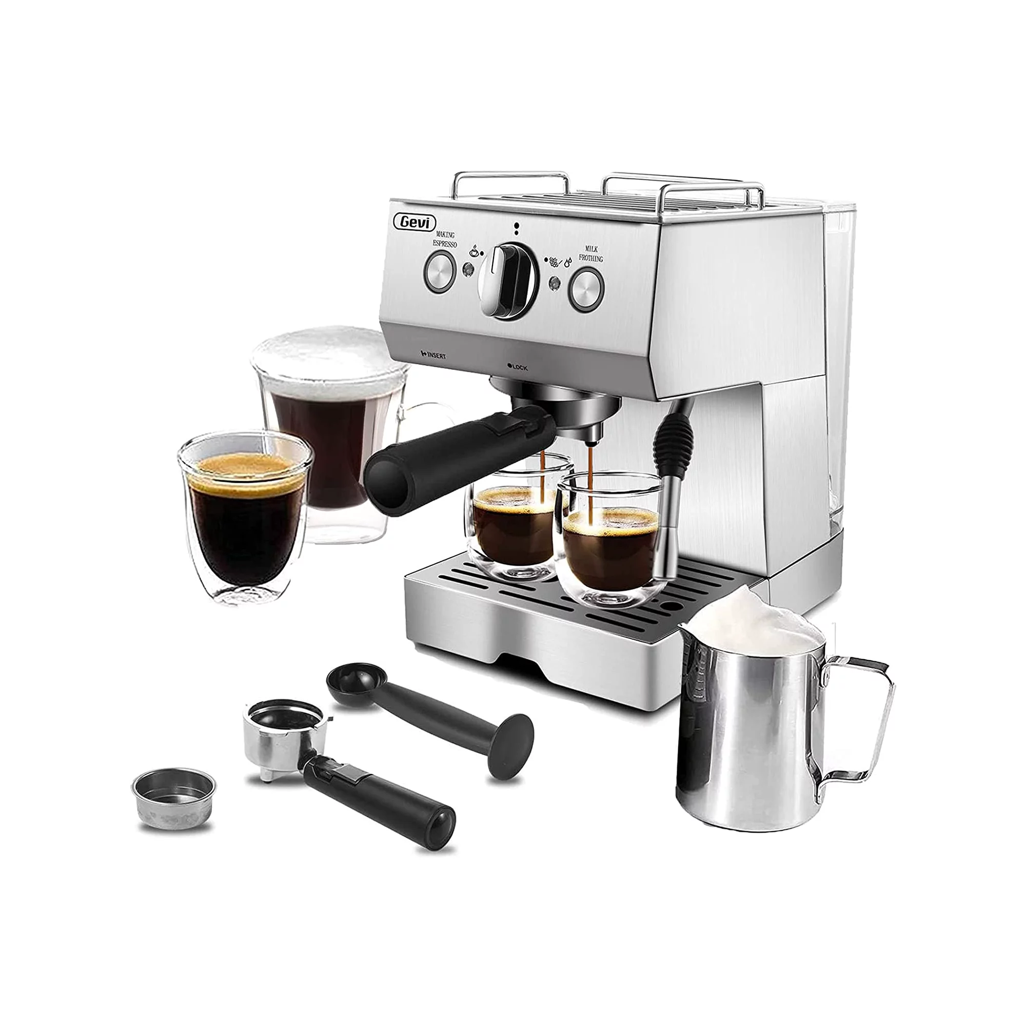 Gevi Silver Stainless Steel 15-Bar Espresso Machine 2 Shot Pump Cappuccino Maker (GECME003D-U)