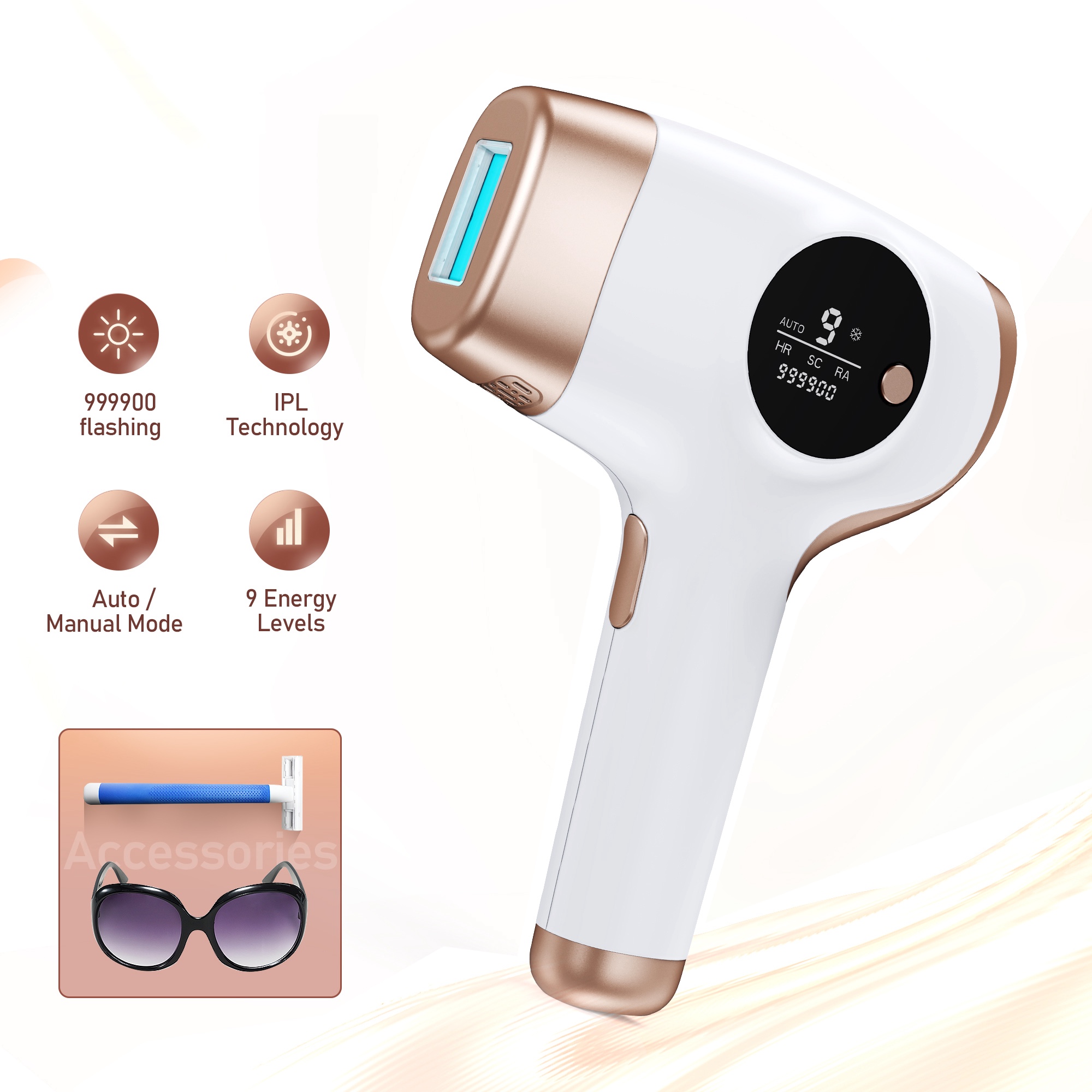Aopvui IPL Laser Hair Removal. 9 Levels Permanent Hair Removal Machine. Champagne