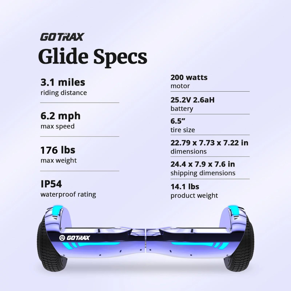 Gotrax GLIDE Hoverboard with Bluetooth Speaker. 176 lbs Max Weight. 3.1 Miles Distance. 6.2 Mph Max Speed. Self Balancing Scooter