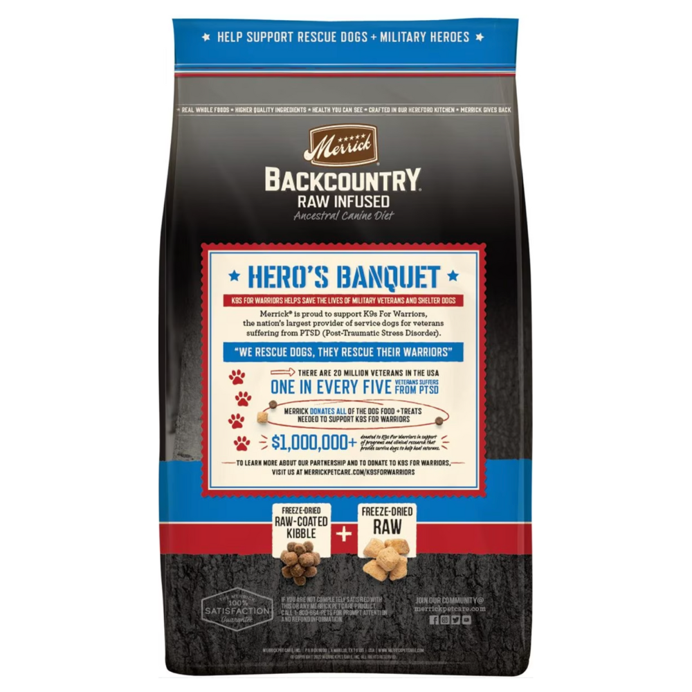Merrick Backcountry Raw Infused Grain Free Dog Food. Hero-s Banquet Recipe. 20-lb bag