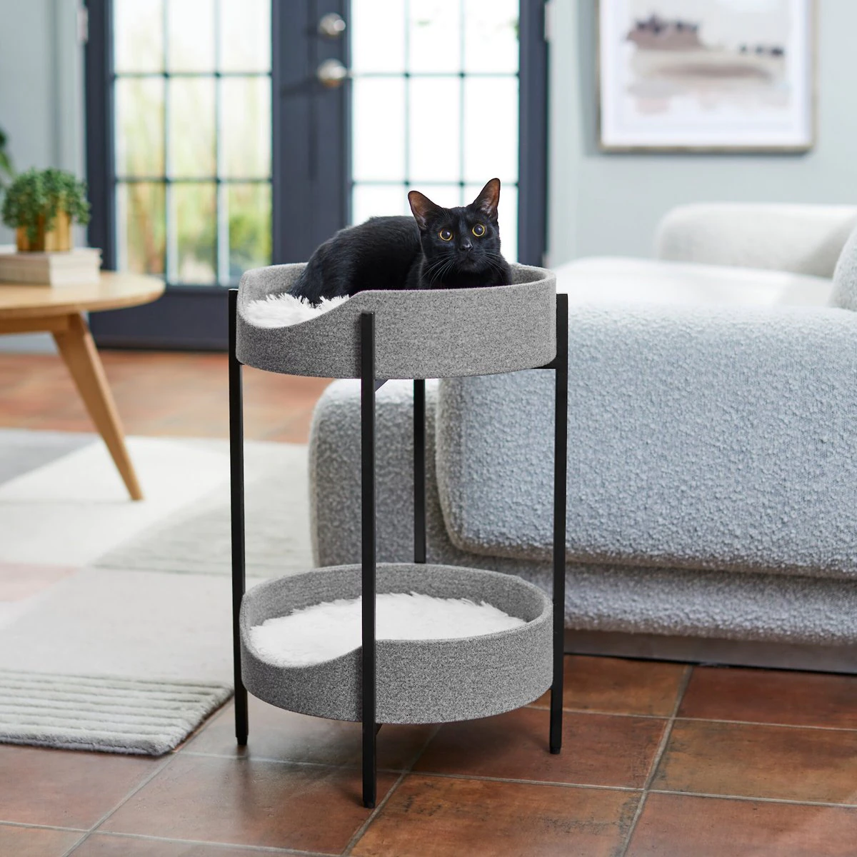 Frisco Modern Elevated Wrought Iron Cat Bed with Eyelash Cushion. Two Tier
