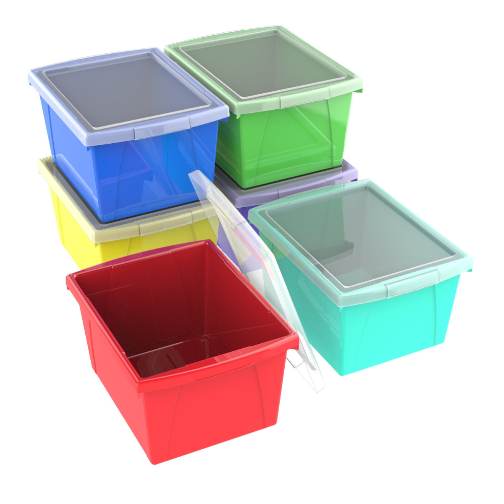 Storex 4 Gallon Plastic Storage Bin With Lid For Kids. Letter Size. Assorted Colors. 6-Pack