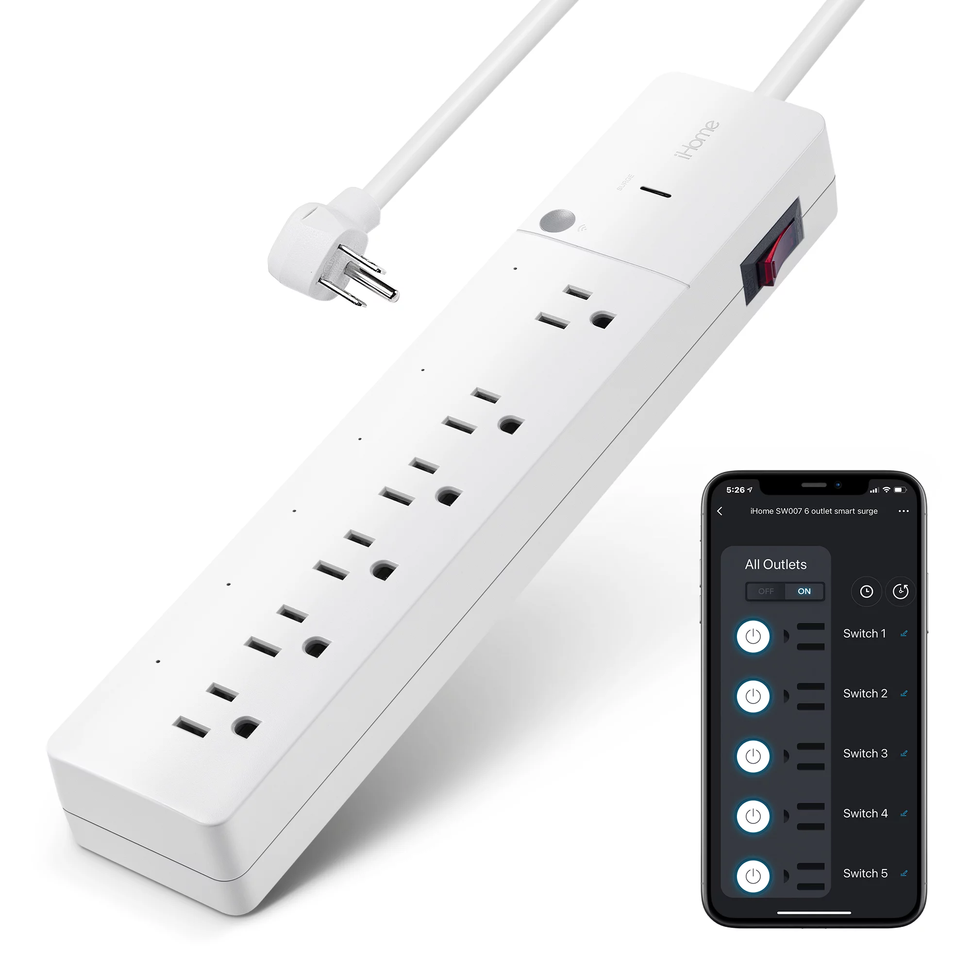 iHome 6 Outlet Smart Surge Protector Works with Alexa and Google Home. App Control. and Timer. 3 Prong