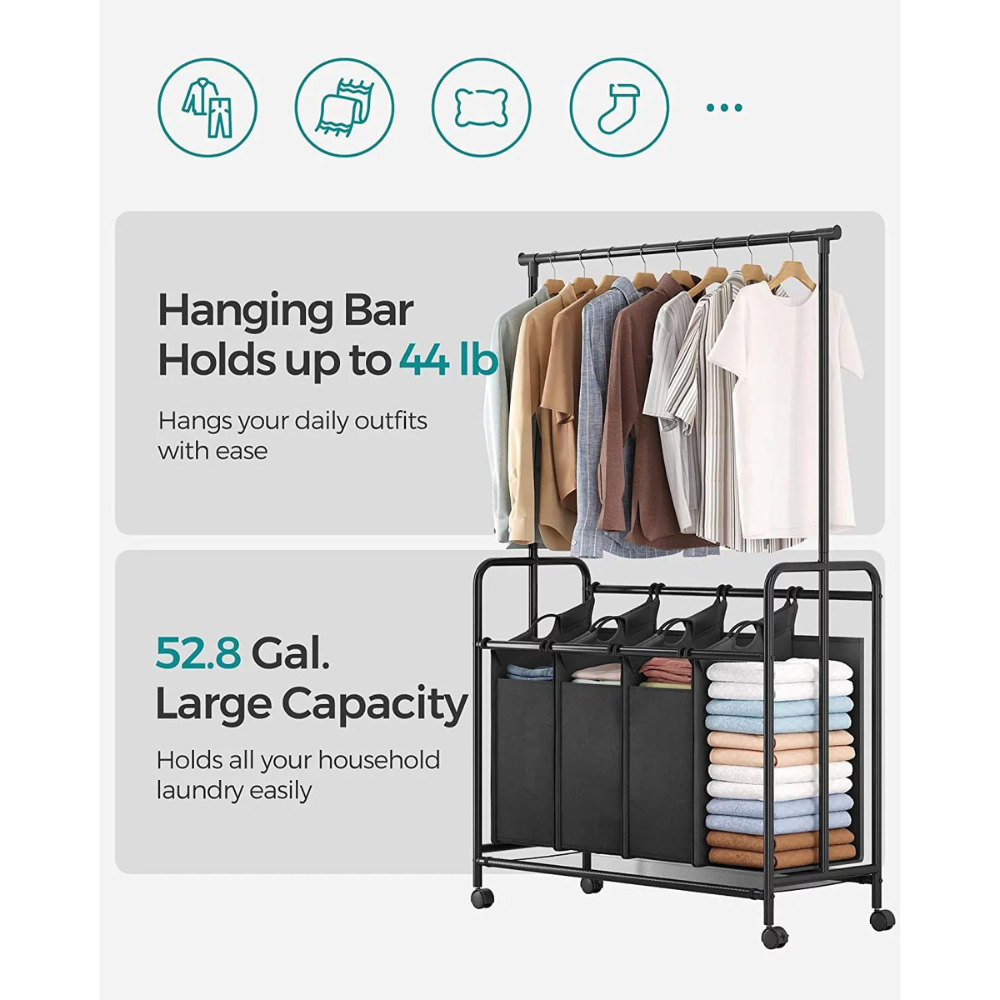 Songmics 4-Bag Laundry Sorter. Rolling Laundry Cart with Hanging Bar. Heavy-Duty Wheels. Black
