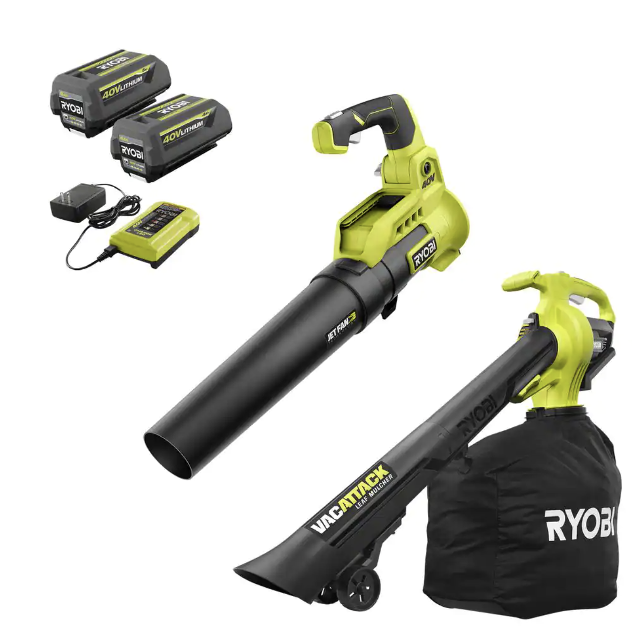 Ryobi 40V Cordless Leaf Blower and Cordless Leaf Vacuum/Mulcher w/ (2) Batteries and (2) Chargers