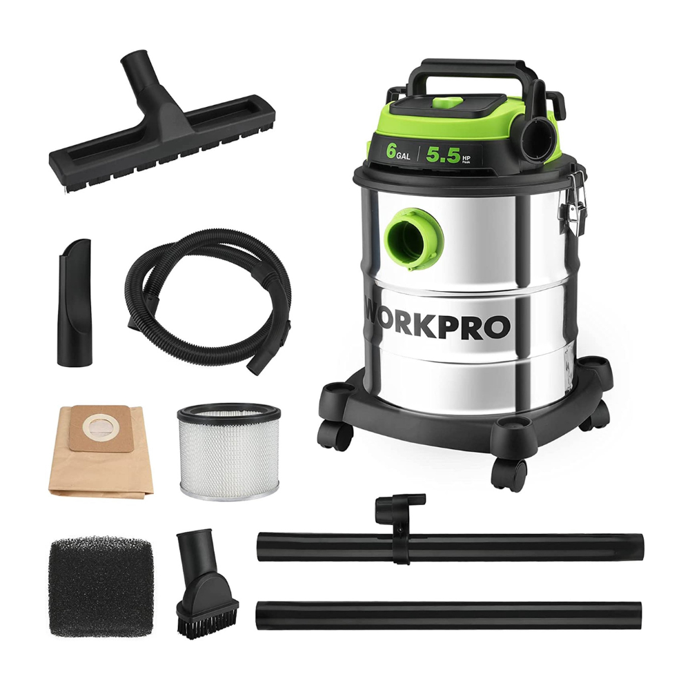 Workpro 6 Gallon Wet/Dry Shop Vacuum. 5.5 Peak HP Shop Vac Cleaner with HEPA Filter. Hose and Accessories