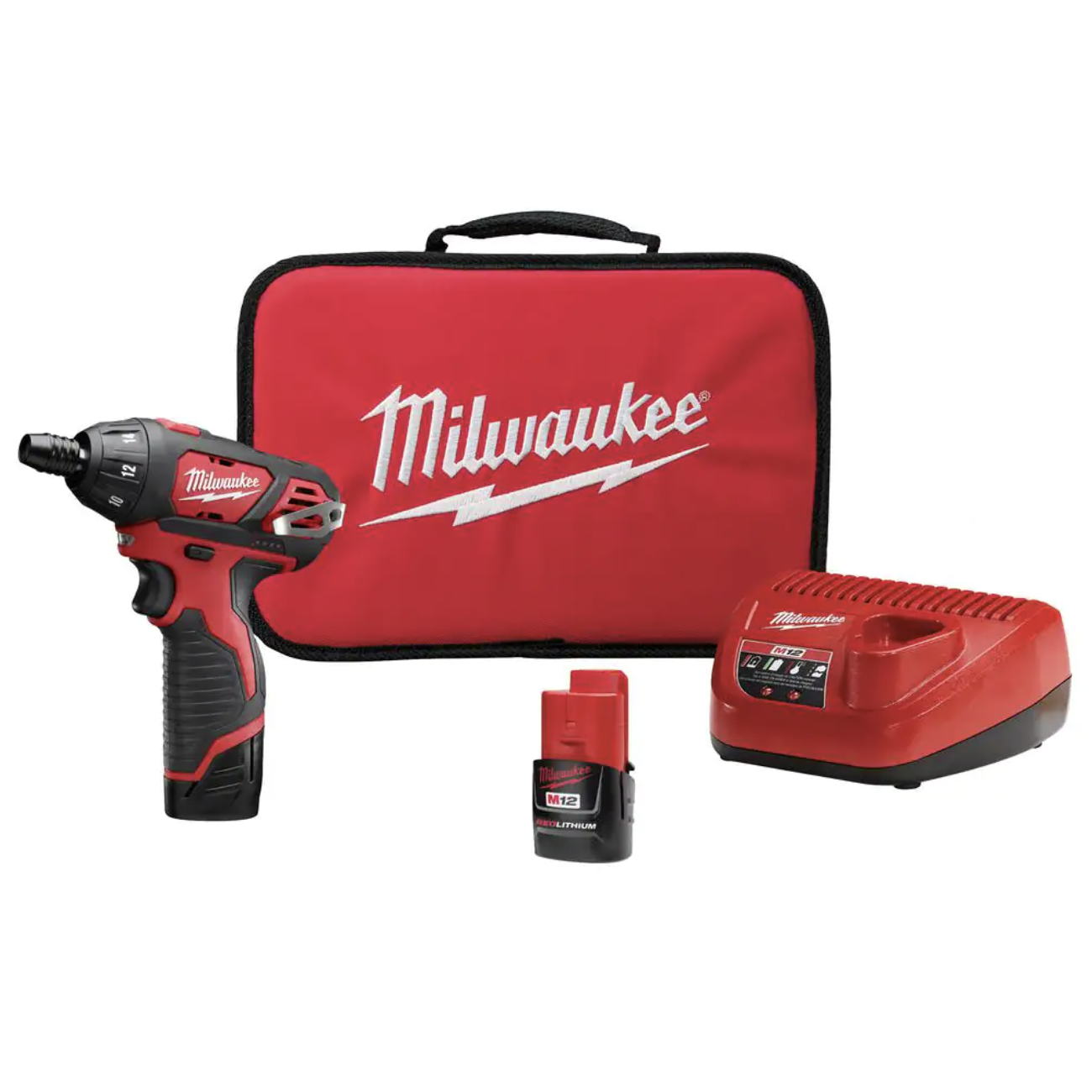 Milwaukee M12 12V Lithium-Ion Cordless 1/4 in. Hex Screwdriver Kit with Two 1.5Ah Batteries. Charger and Tool Bag