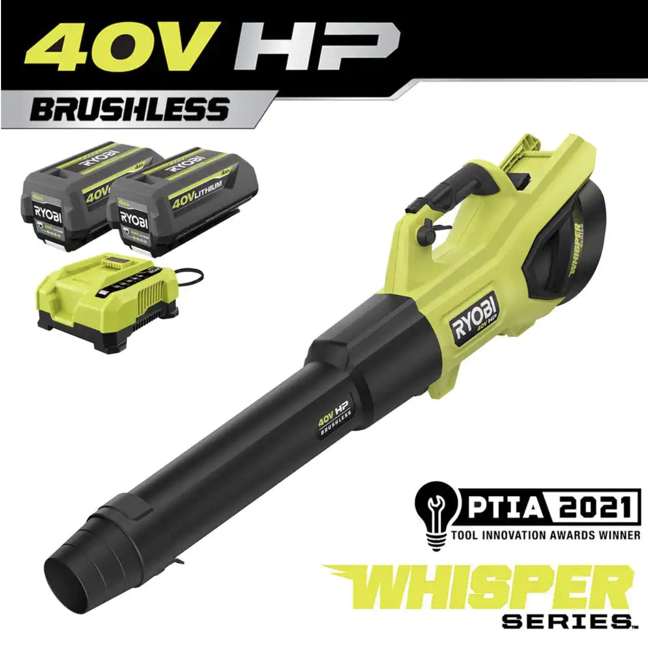 Ryobi 40V HP Brushless Whisper Series 190 MPH 730 CFM Cordless Battery Jet Fan Leaf Blower with (2) 4.0 Ah Batteries & Charger