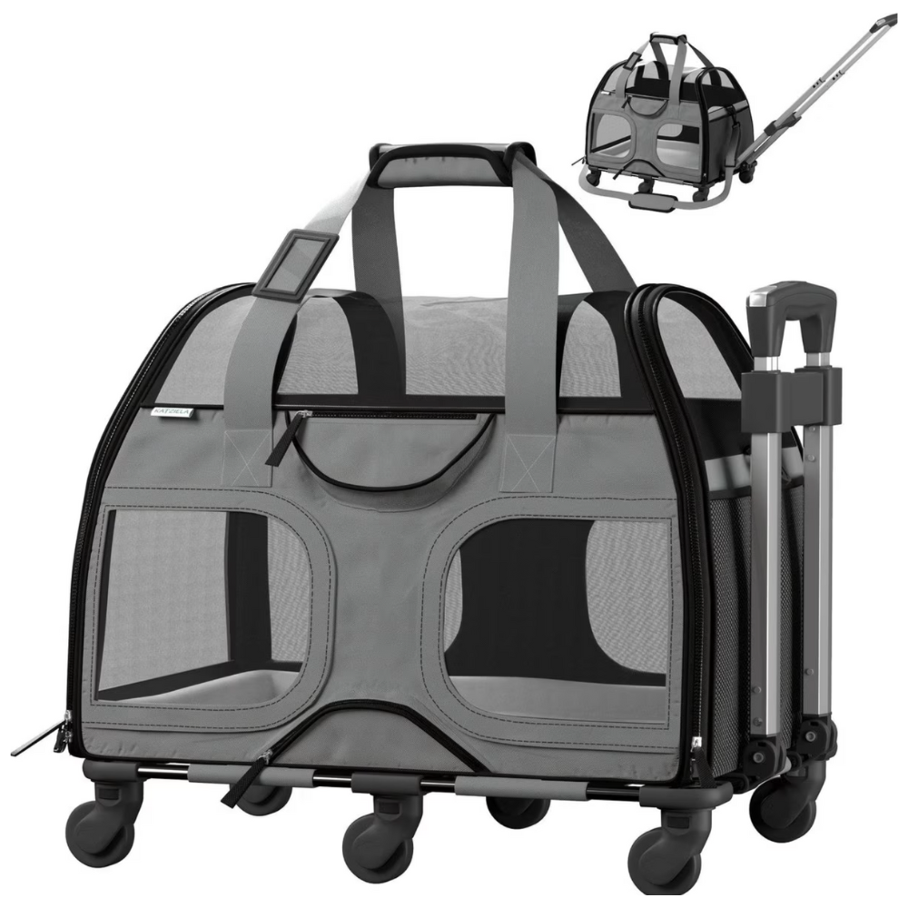 Katziela Luxury Rider Pro Removable Wheels & Double Telescopic Handle Cat & Dog Carrier. Gray