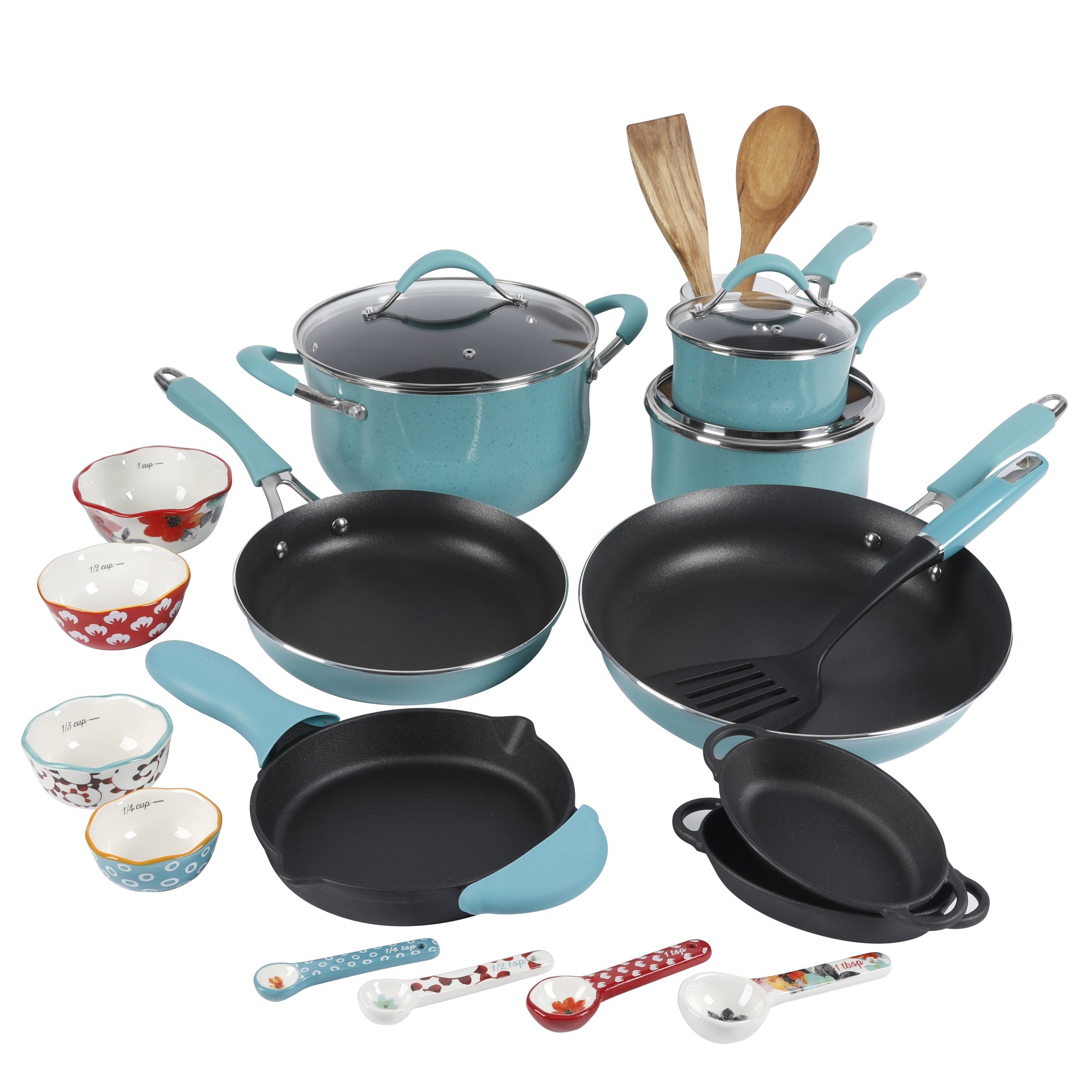 The Pioneer Woman Frontier Speckle 24-Piece Cookware Combo Set. Turquoise