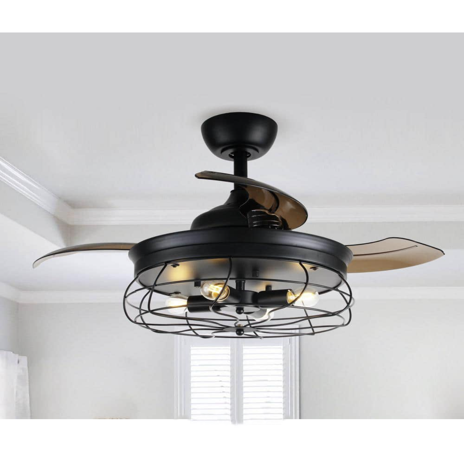 Parrot Uncle 34 in. Indoor Black Downrod Mount Retractable Ceiling Fan with Light Kit and Remote Control