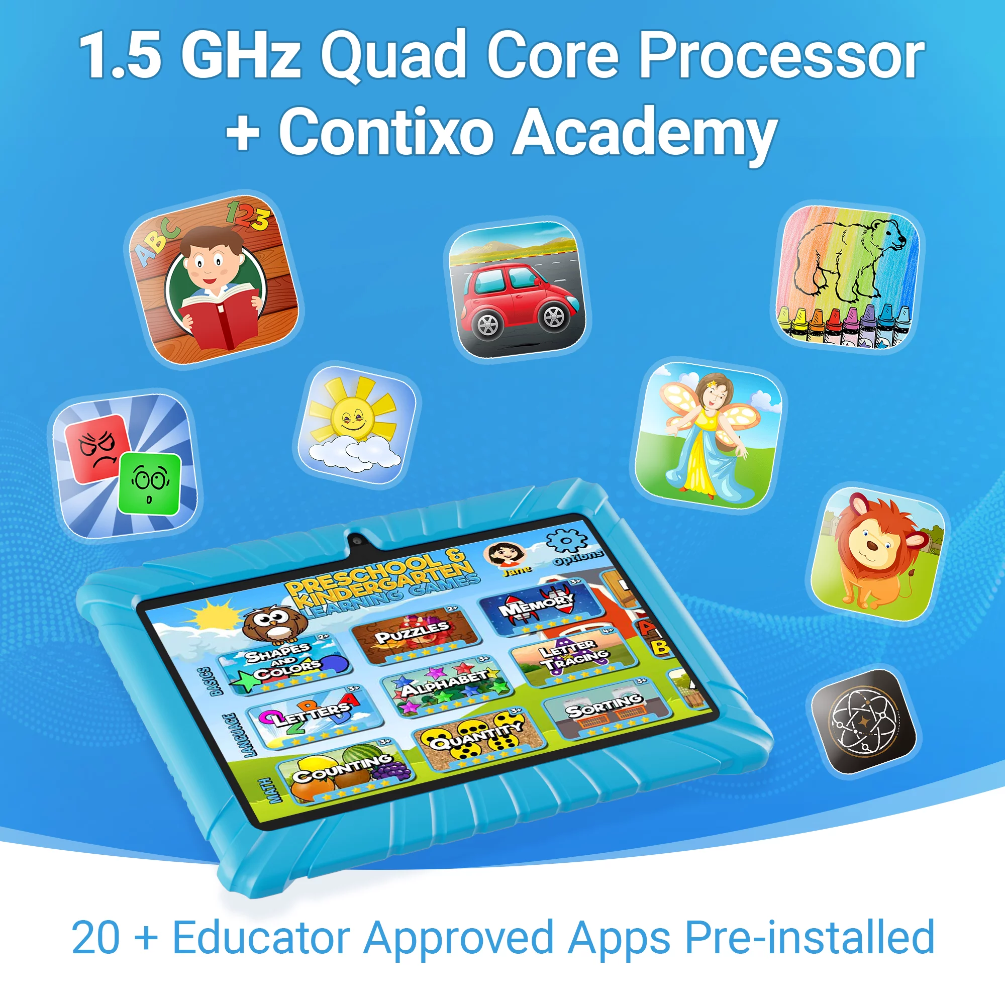 Contixo 7-Inch Android Tablet 2GB RAM 16GB WiFi Tablet for Kids. Bluetooth Parental Control Pre-Installed Learning Tablet Apps