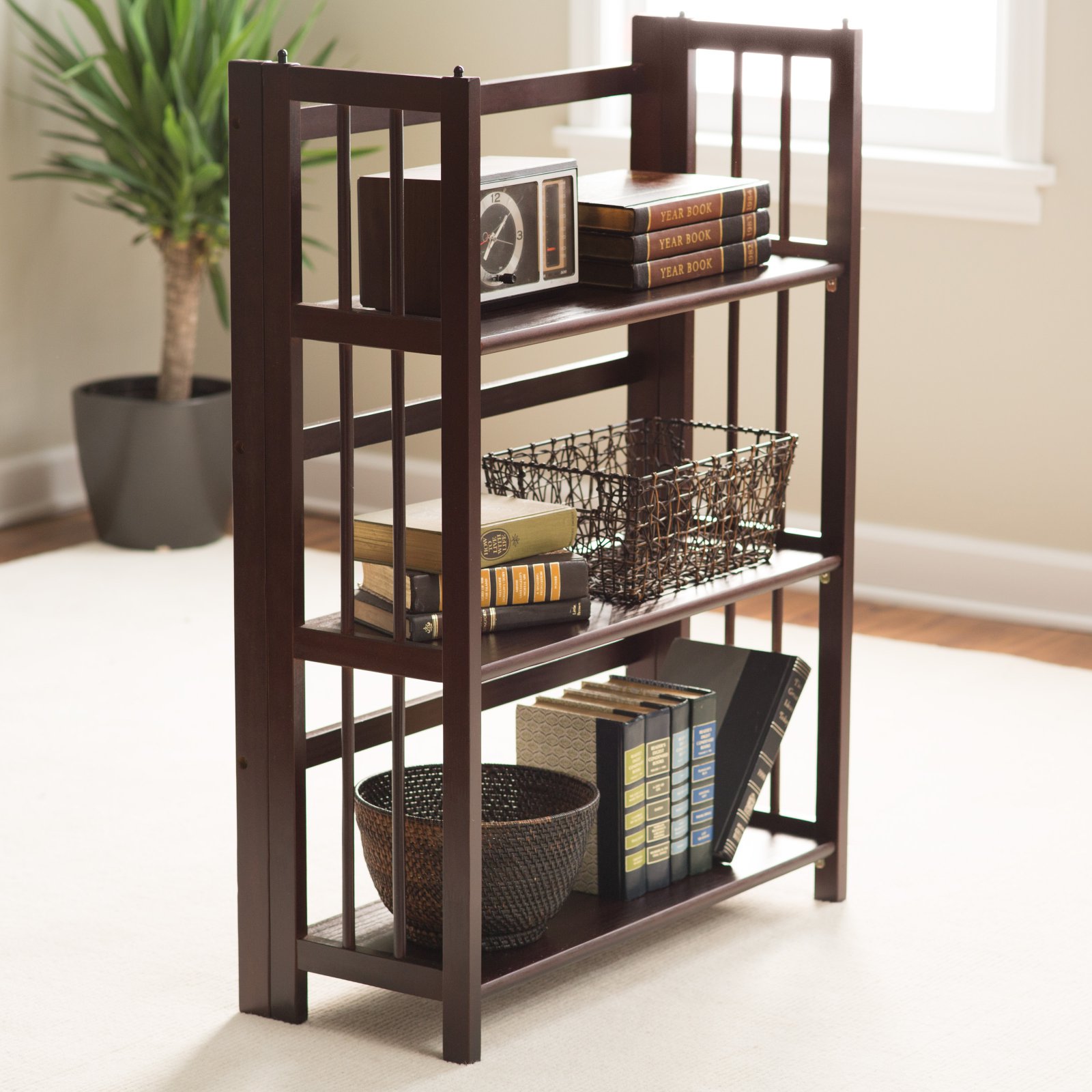 Yu Shan 3-Tier Stackable Folding Bookcase. Mahogany