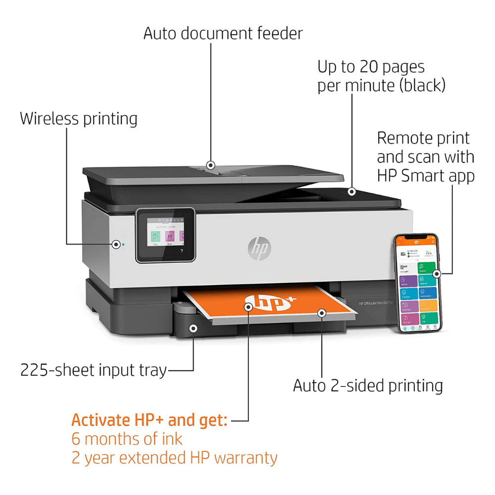 HP Office Jet Pro 8025e Wireless Color All-in-One Printer - 6 Months Free Instant Ink with HP+
