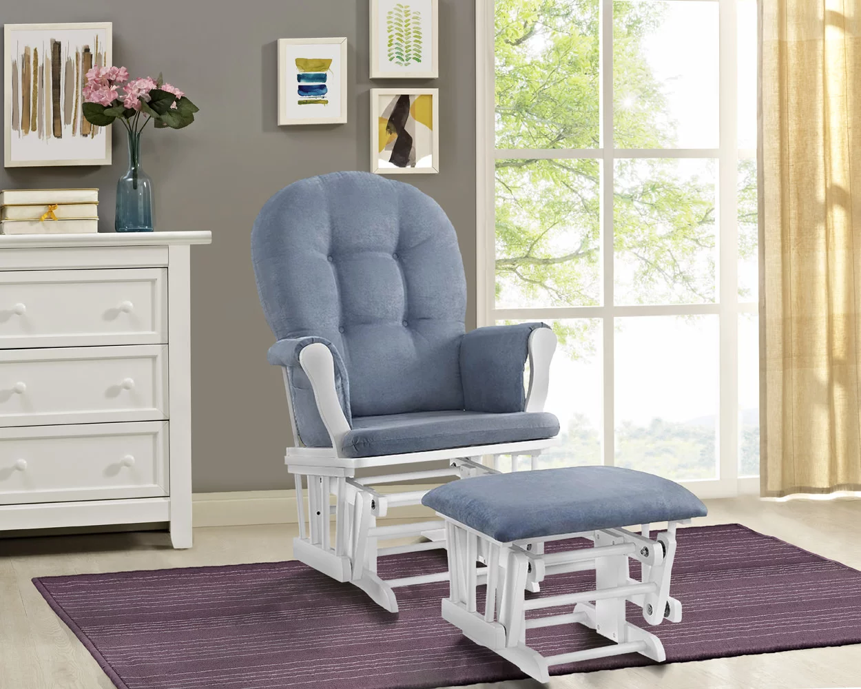 Angel Line Windsor Glider with Ottoman. White Finish with Blue Cushions