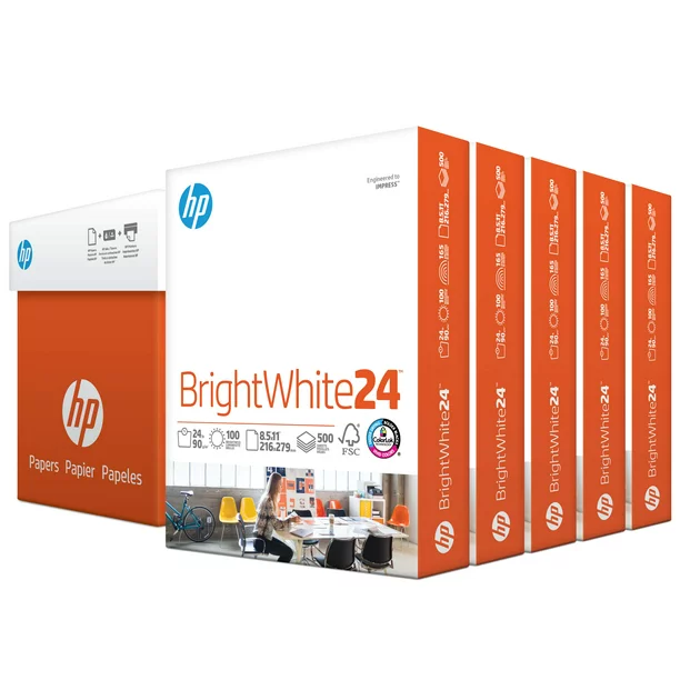 HP Printer Paper. Brightwhite 24lb. 8.5×11. 5 Ream. 2.500 Sheets