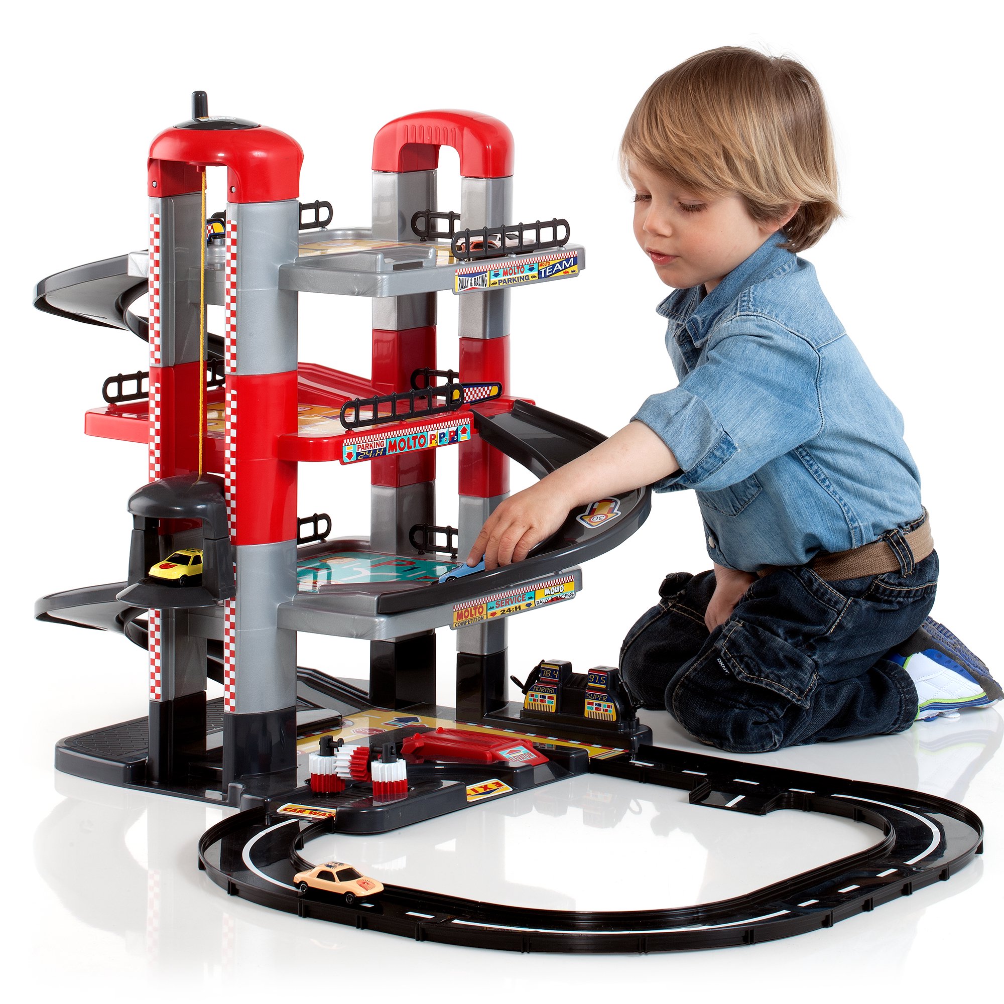 Molto Diecast Toy Car Parking Garage Playset. 4 Story with Tracks. Includes 2 Cars