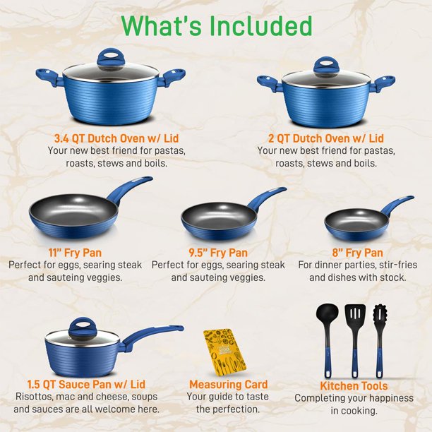 NutriChef 12pc Pots & Pans Set - Stylish Kitchen Cookware. Non-Stick Coating. Light Gray Inside and Blue Outside