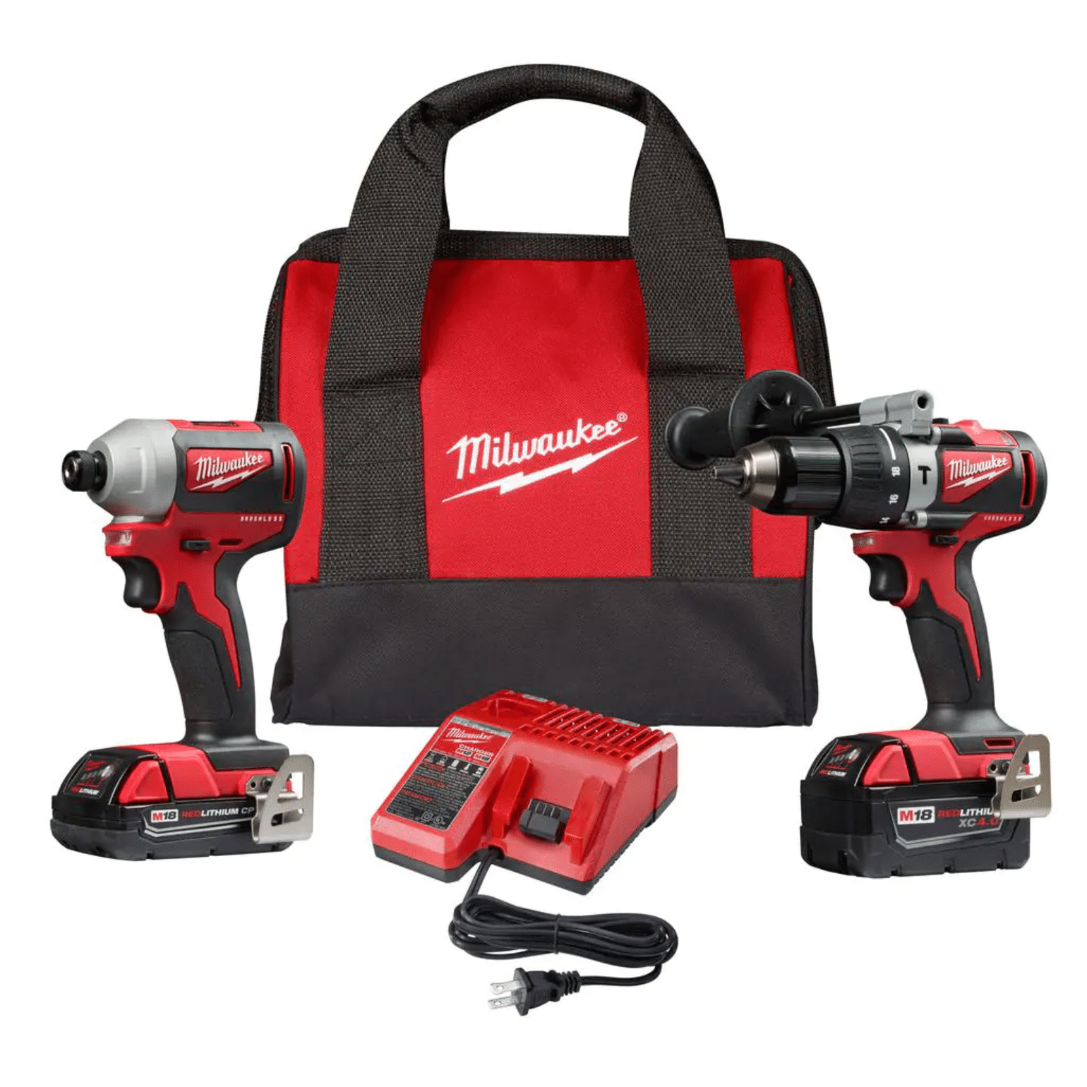 Milwaukee M18 18-Volt Lithium-Ion Brushless Cordless Hammer Drill/Impact Combo Kit (2-Tool) with 2 Batteries. Charger & Bag (2893-22CX)