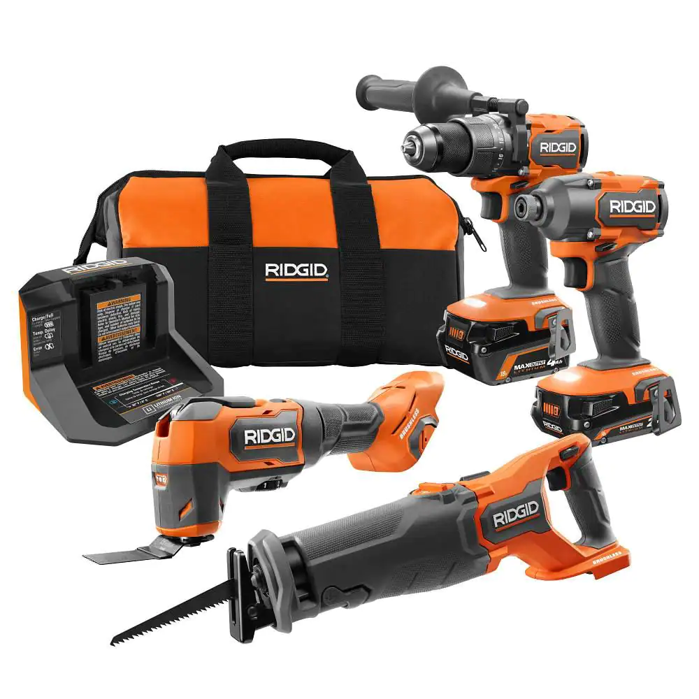 Ridgid 18v Brushless Cordless 4-Tool Combo Kit With (1) 4.0 Ah And (1) 2.0 Ah Max Output Batteries. 18v Charger. And Tool Bag