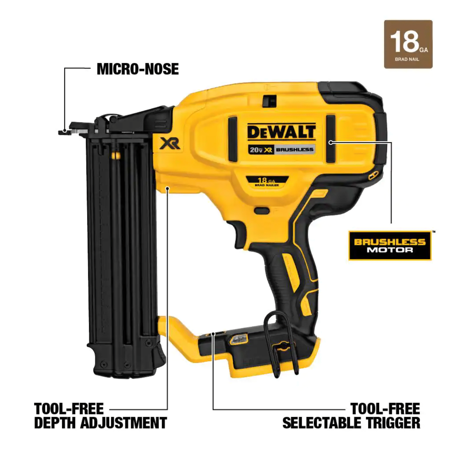 Dewalt 20-Volt MAX XR Lithium-Ion Cordless 18-Gauge Brad Nailer. Tool-Only (DCN680B)
