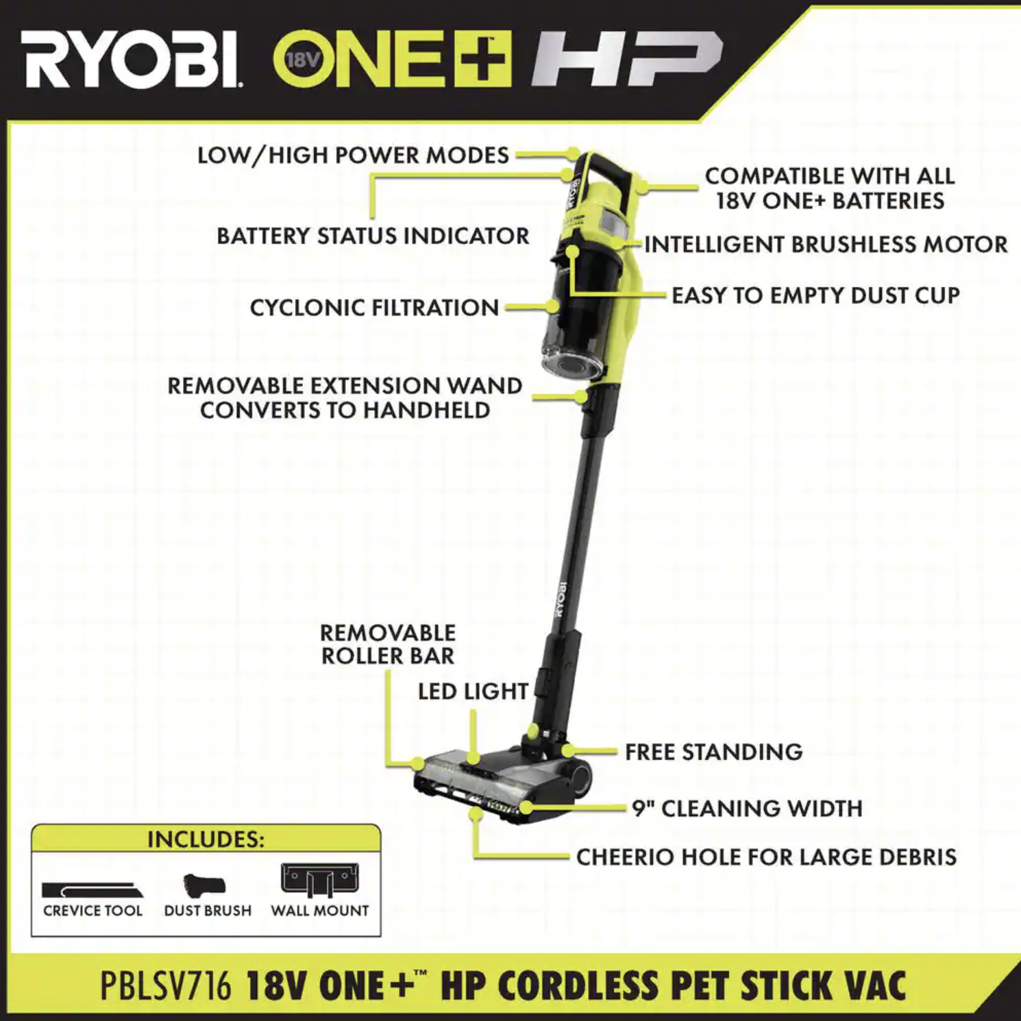 Ryobi One+ HP 18V Brushless Cordless Pet Stick Vacuum Cleaner Kit with 4.0 Ah High-Performance Battery and Charger (PBLSV716K)