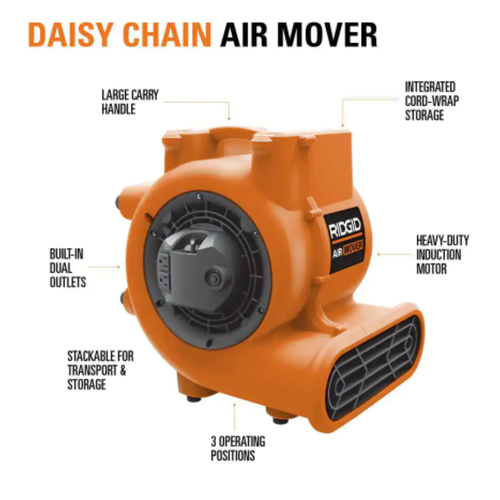 Ridgid 1625 CFM 3-Speed Blower Fan Air Mover with Daisy Chain. 3 Operating Positions for Water Damage Restoration