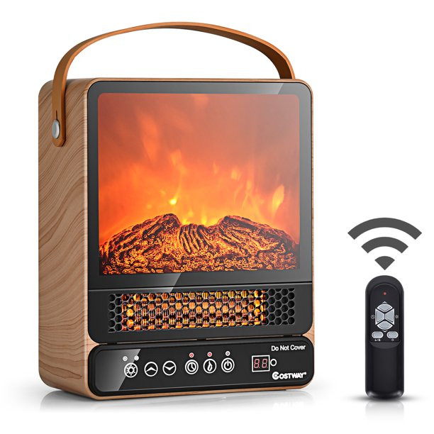 Costway 1500W Electric Fireplace Tabletop Portable Space Heater w/ 3D Flame Effect Maple