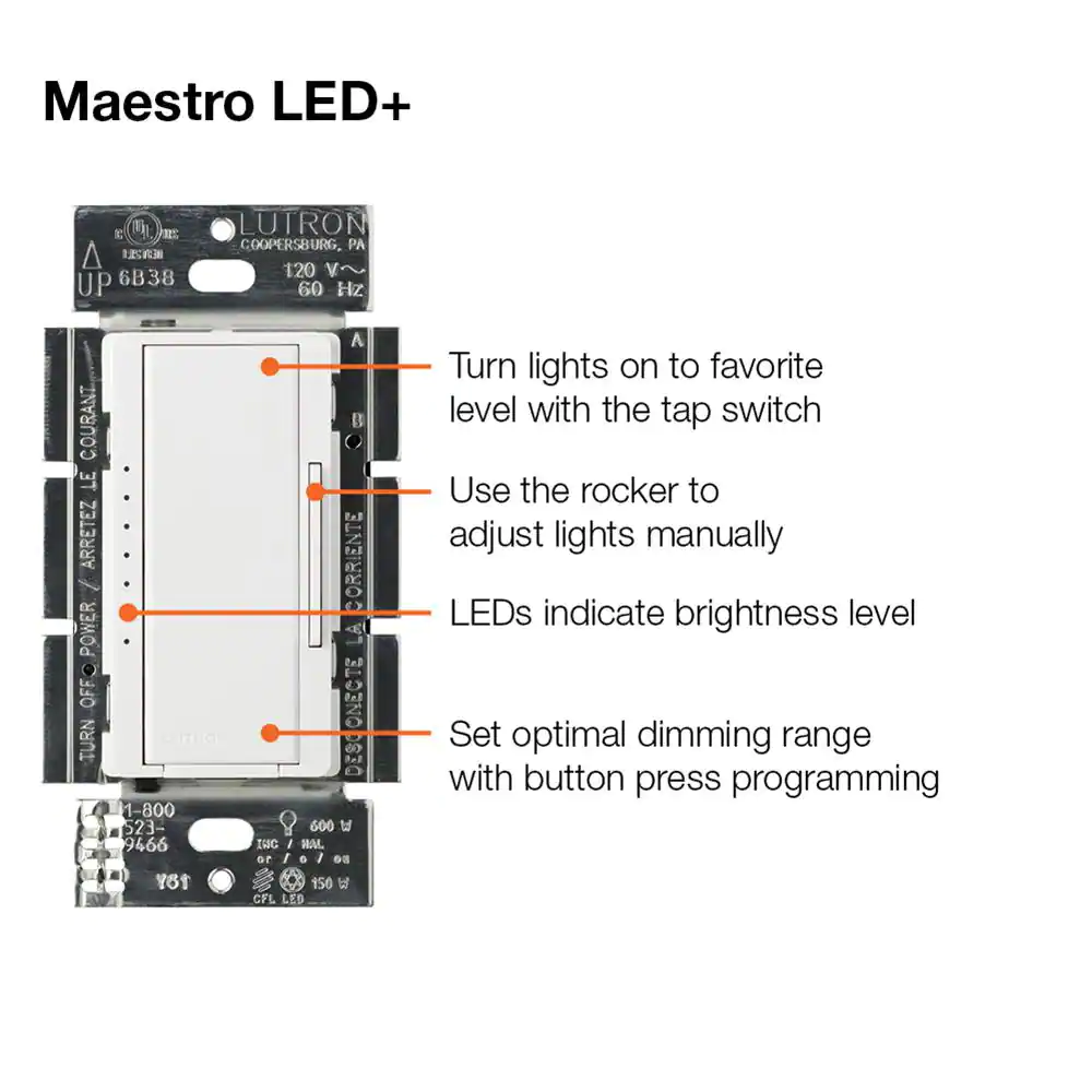 Lutron Maestro LED+ Dimmer Switch For Dimmable LED. Halogen & Incandescent Bulbs. Single-Pole Or Multi-Location. White (6-Pack)