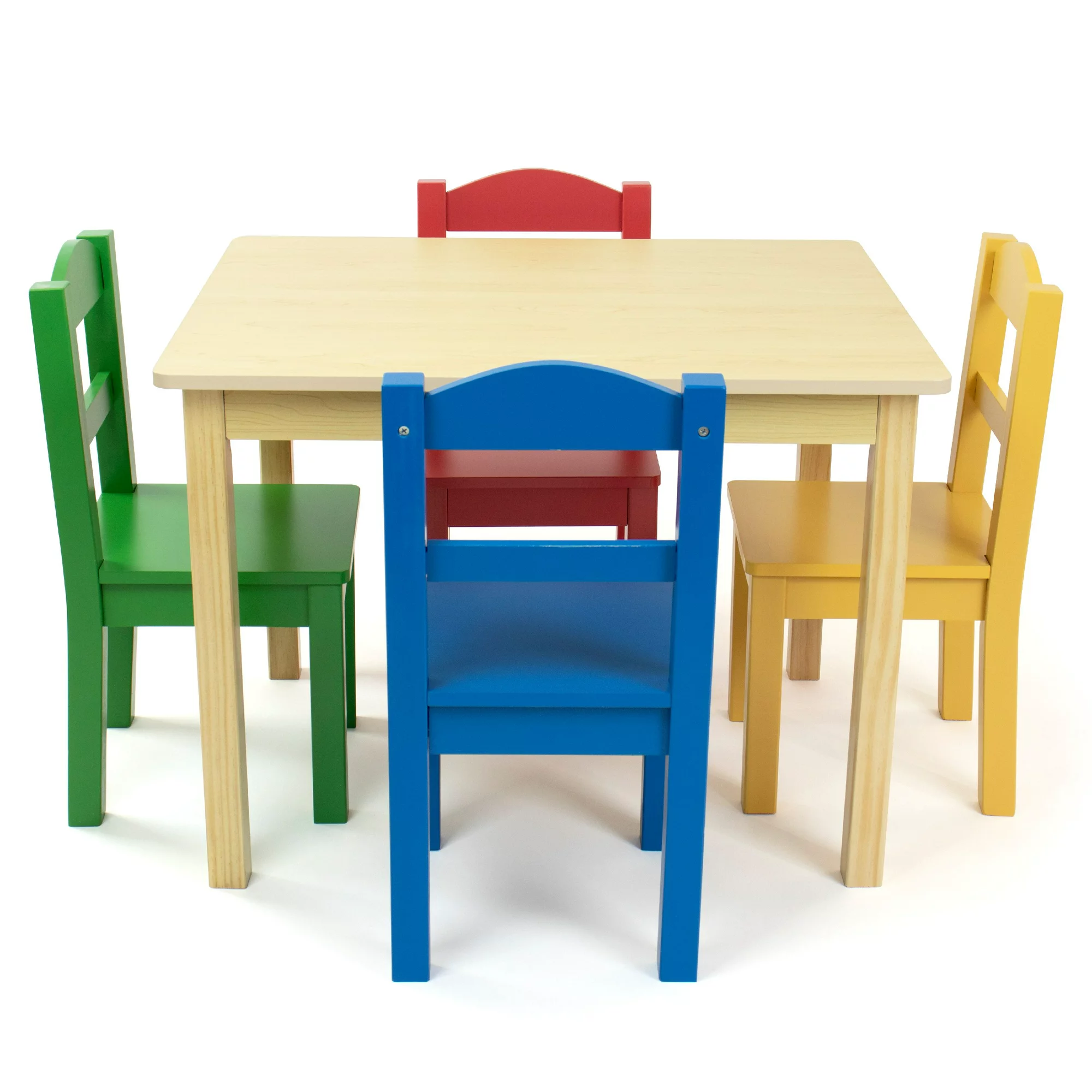 Humble Crew Primary Kids Wood Table and 4 Chairs Set. Natural Wood/Primary