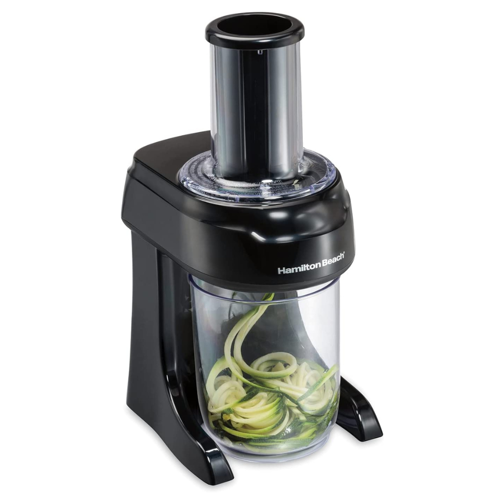Hamilton Beach 3-In-1 Electric Spiralizer. 3 Cutting Cones. Metal Food Grip. 6 Cup Capacity. Model 70930