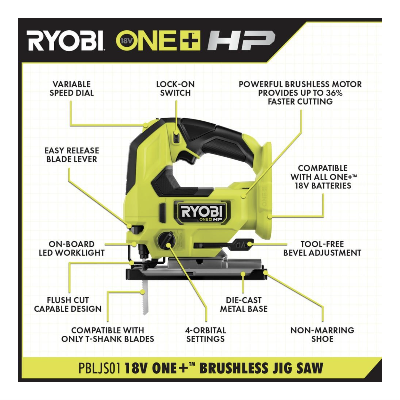 Ryobi One+ HP 18V Brushless Cordless Jig Saw Kit w/ 2.0 Ah High Performance Battery. Charger & (10-Piece) Jig Saw Blade Set