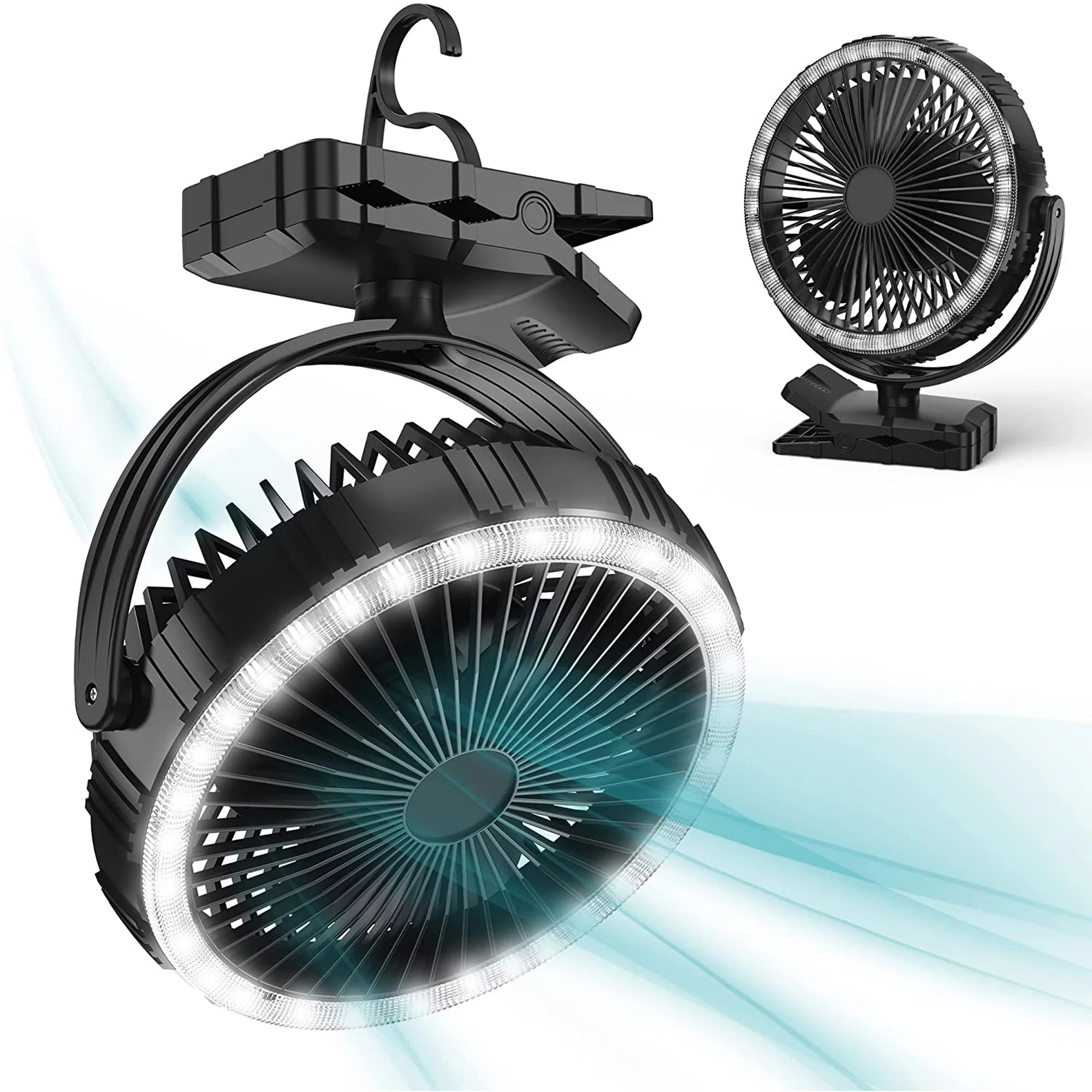 Panergy 10000mAh Camping Fan with LED Light. 8 inch Rechargeable Clip-on Fan