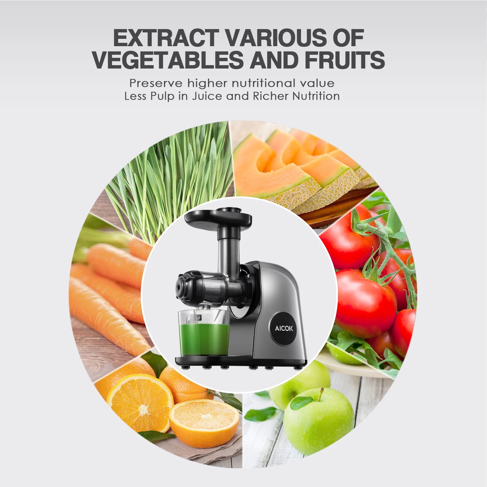 Aicok Slow Masticating Juicer with Higher Juice Yield and Drier Pulp. Quiet Motor & Reverse Function. Galaxy Grey