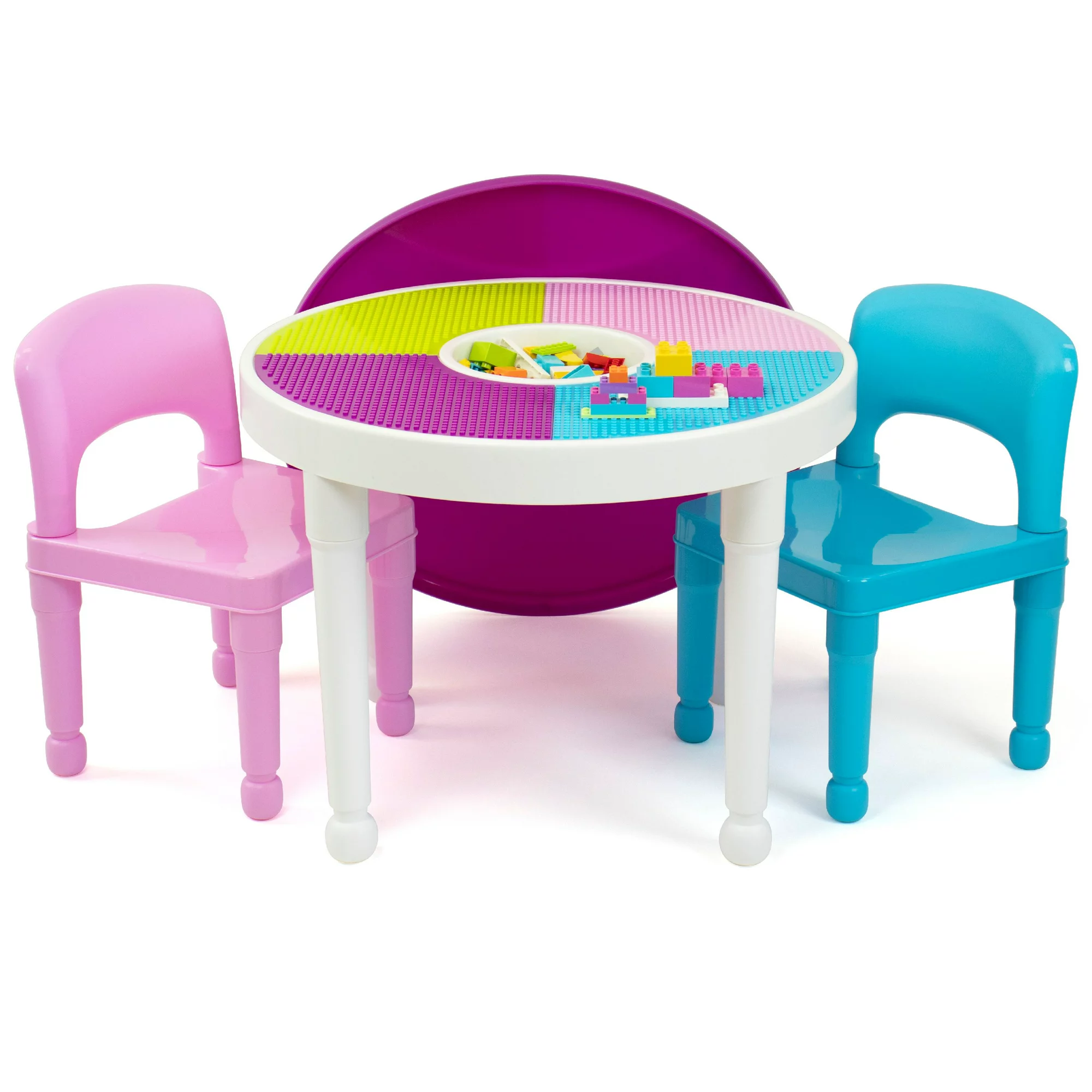 Humble Crew Kids 2-in-1 Plastic Activity Table and 2 Chairs Set. Round. White. Blue & Pink