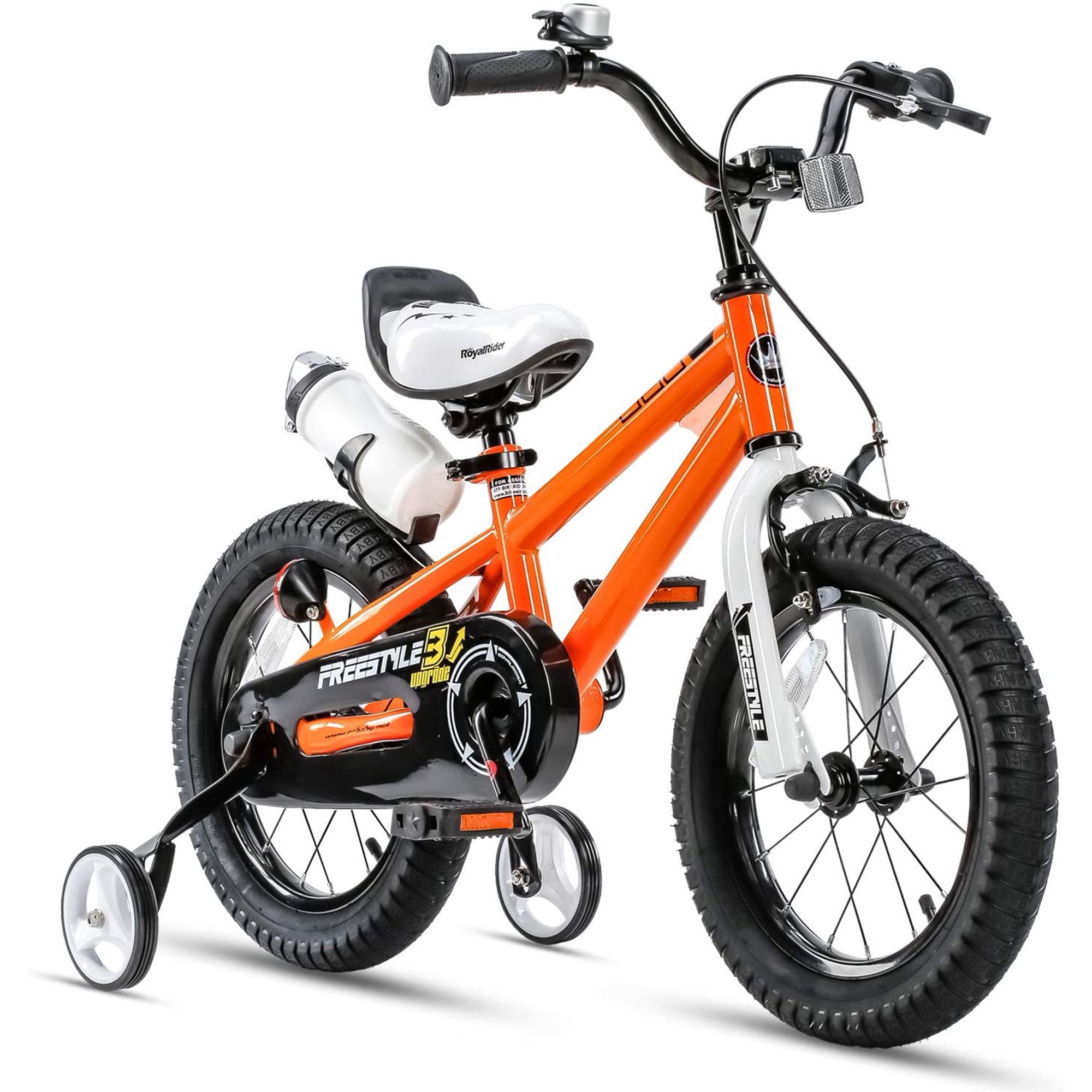 Royalbaby Freestyle 14 In. Kids Bike with Training Wheels and Water Bottle. Orange