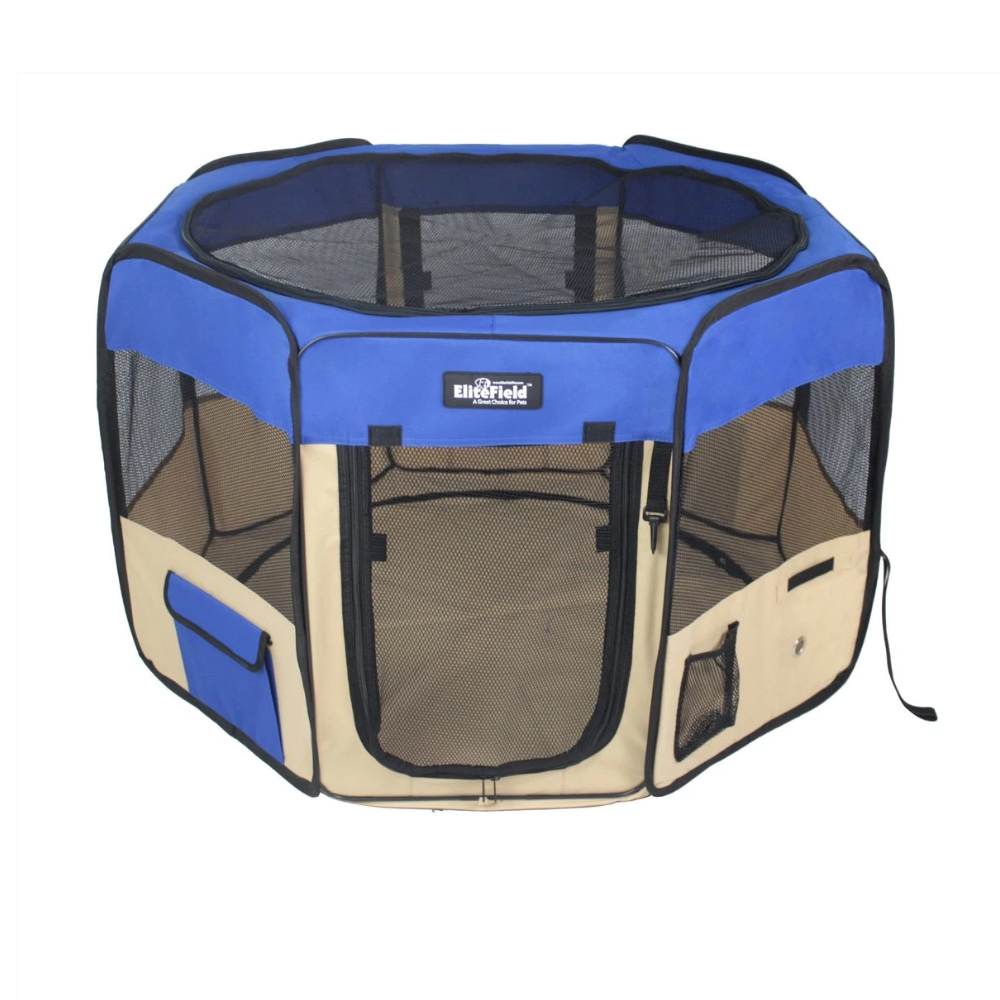 EliteField 2-Door Soft-Sided Dog & Cat Playpen. Royal Blue & Beige. 48 x 48 x 32-in